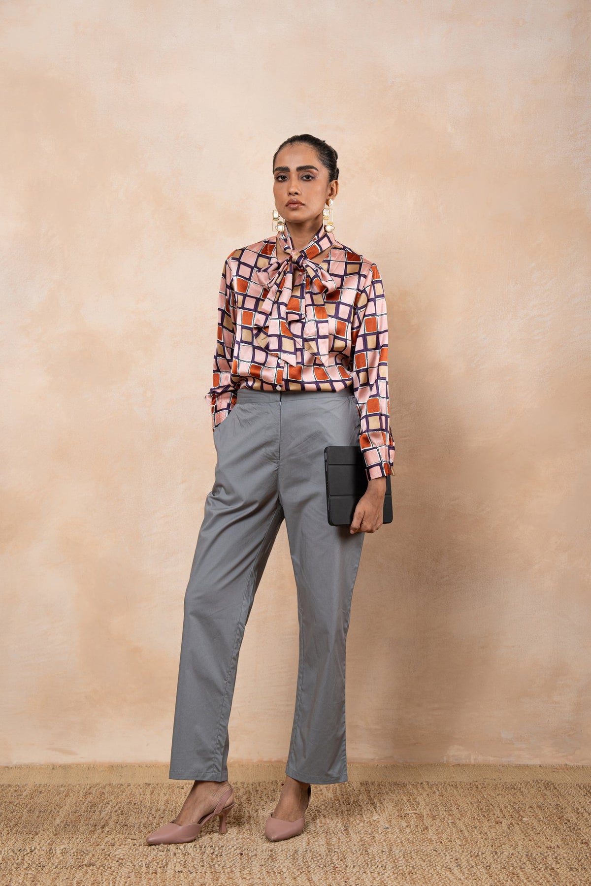 Marlowe – Printed Satin Tie-Neck Shirt with Grey Poplin Trousers