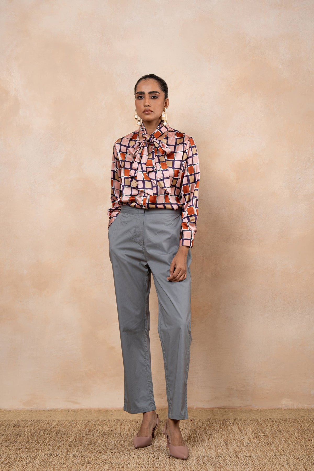 Marlowe – Printed Satin Tie-Neck Shirt with Grey Poplin Trousers