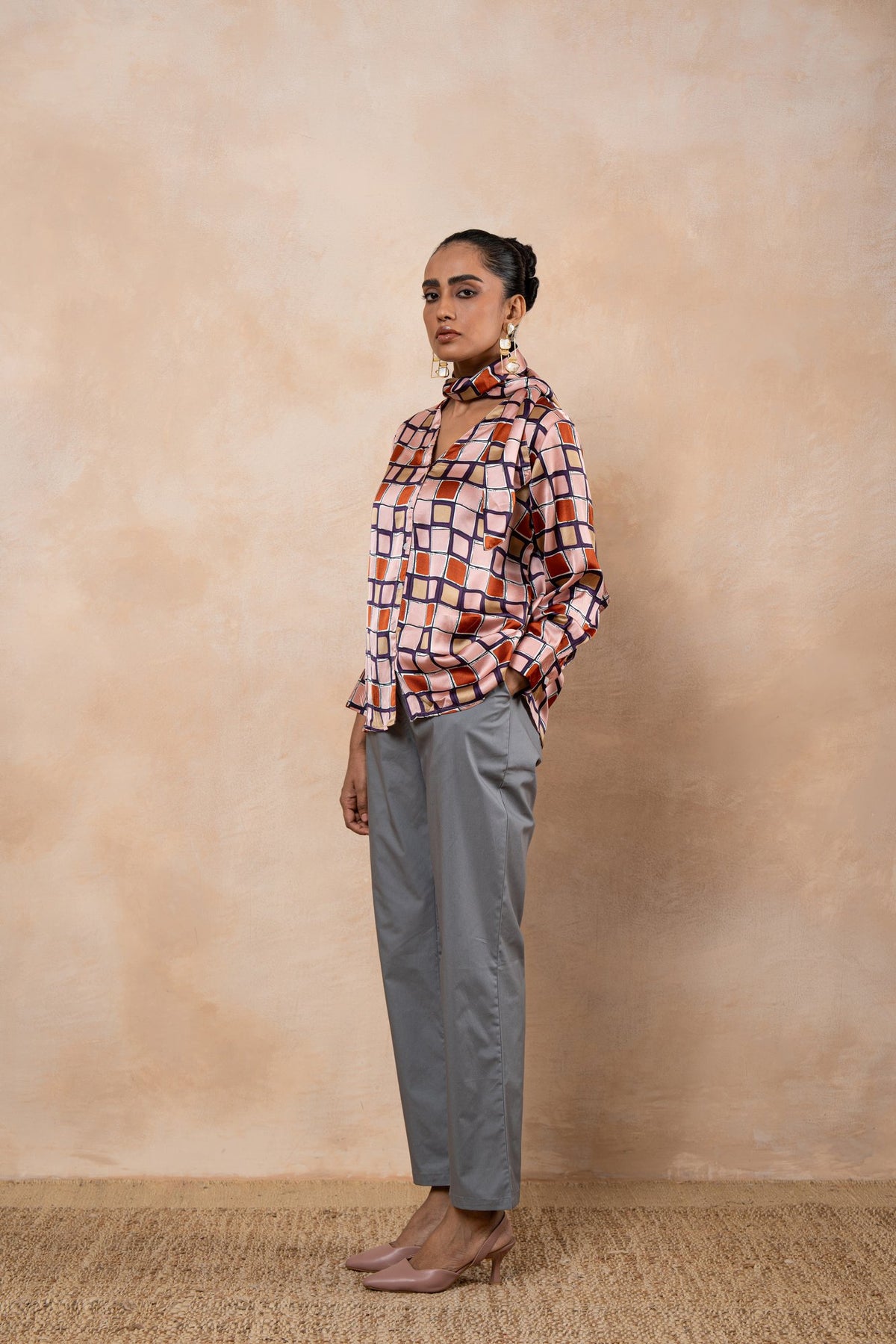 Marlowe – Printed Satin Tie-Neck Shirt with Grey Poplin Trousers
