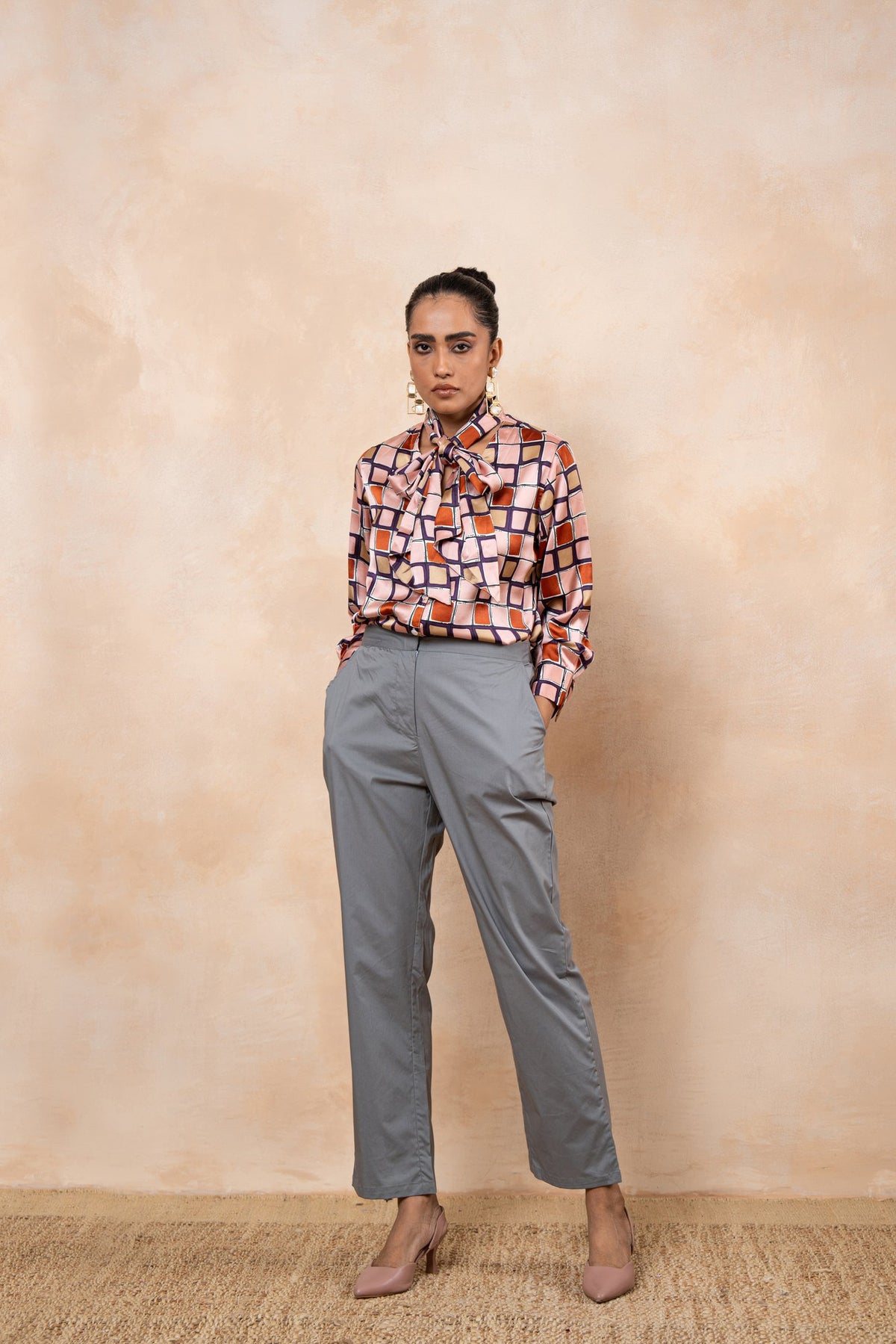 Marlowe – Printed Satin Tie-Neck Shirt with Grey Poplin Trousers