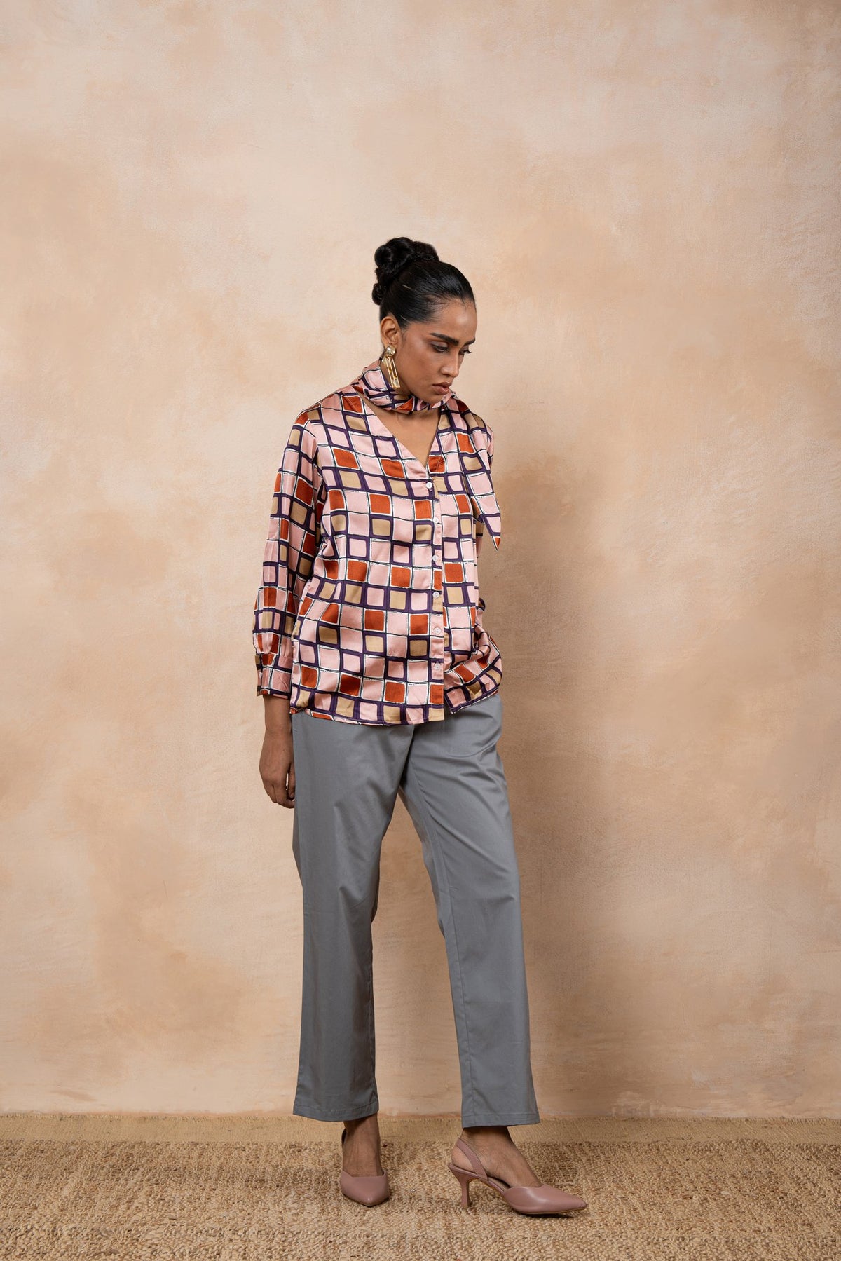 Marlowe – Printed Satin Tie-Neck Shirt with Grey Poplin Trousers