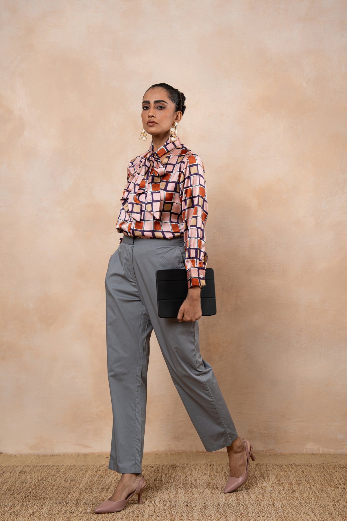Marlowe – Printed Satin Tie-Neck Shirt with Grey Poplin Trousers