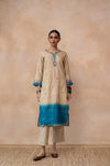 Nirjhara – Beige & Blue Ombre Hand Embroidered Handwoven Tussar Silk Kurta Set