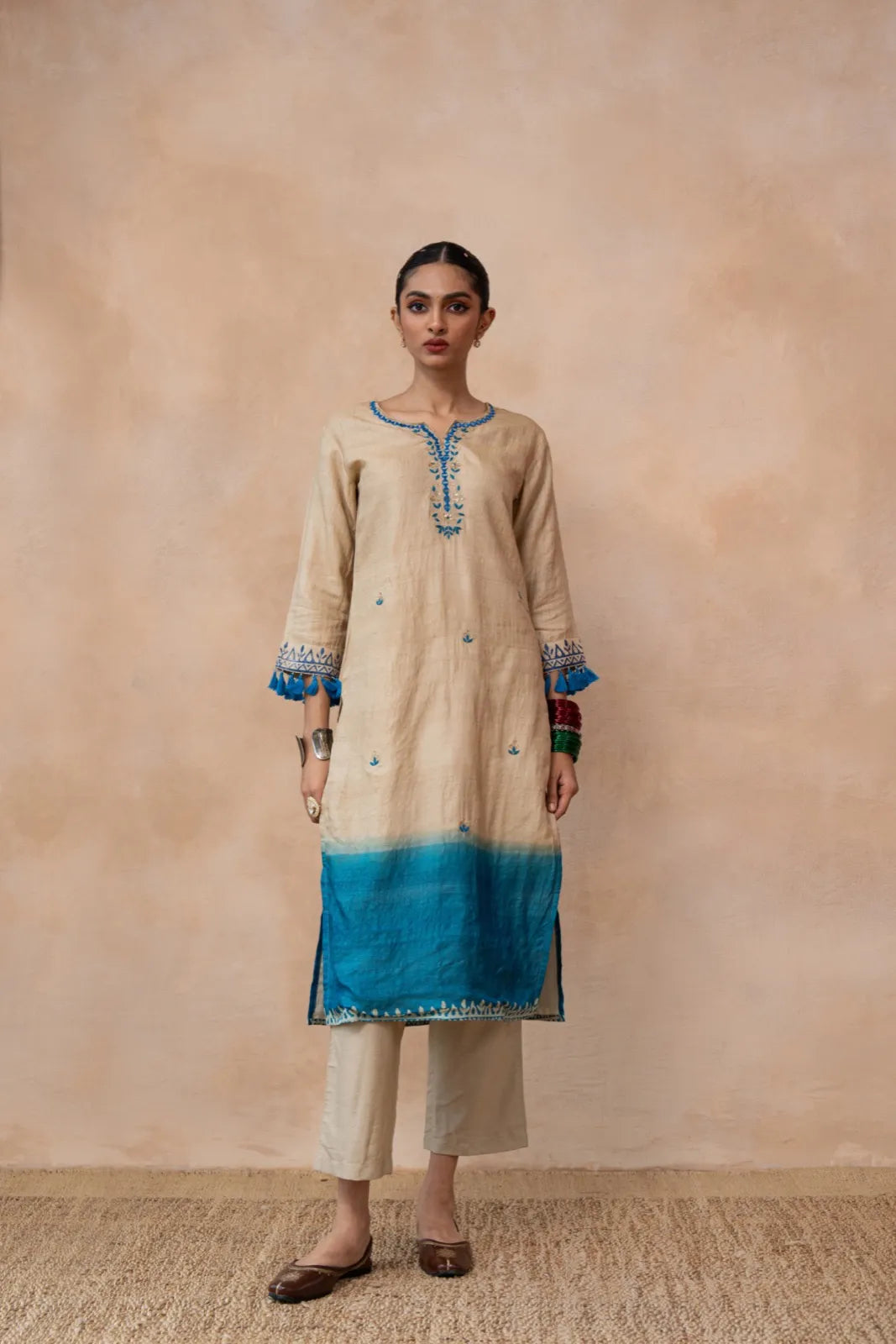 Nirjhara – Beige & Blue Ombre Hand Embroidered Handwoven Tussar Silk Kurta Set