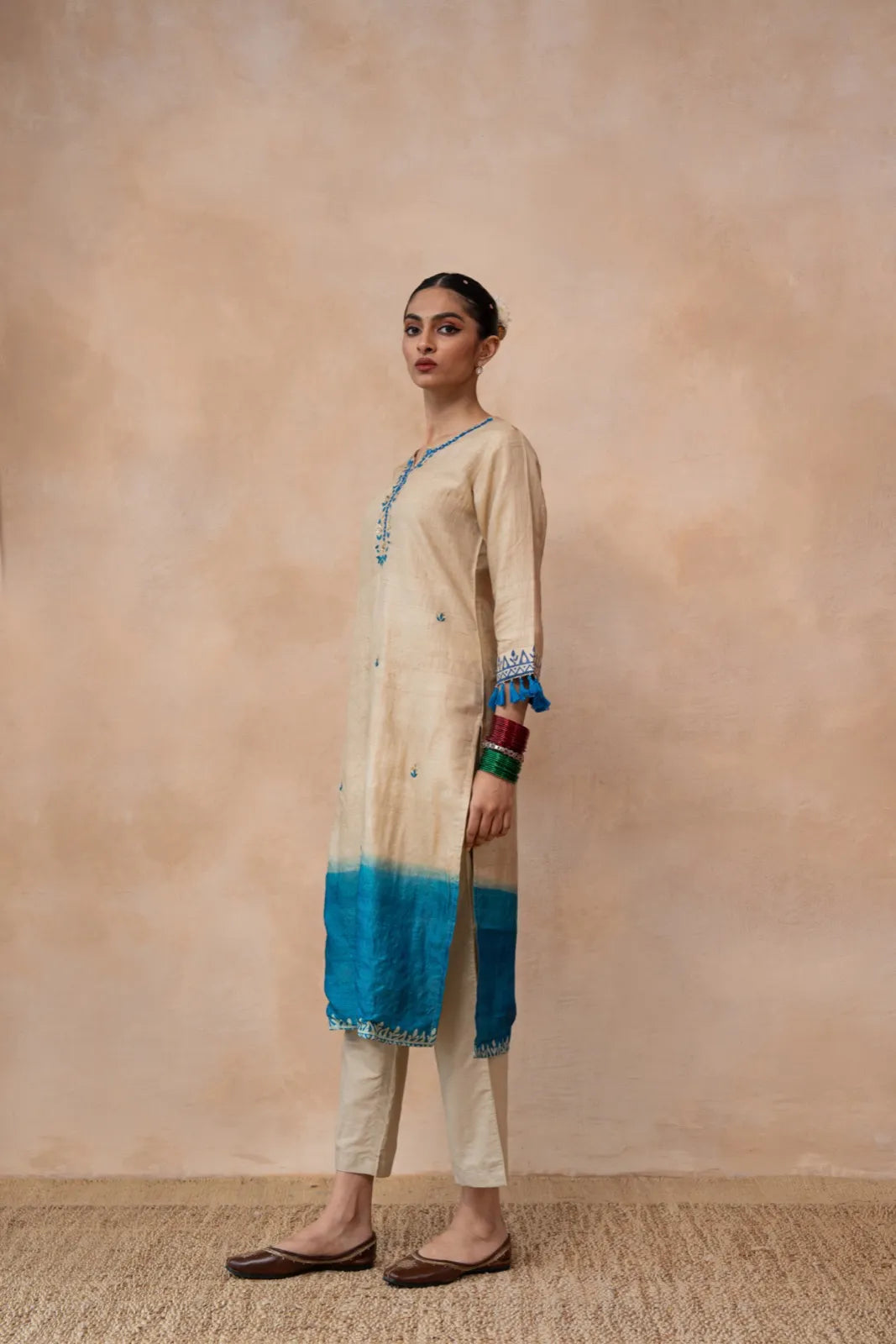 Nirjhara – Beige & Blue Ombre Hand Embroidered Handwoven Tussar Silk Kurta Set