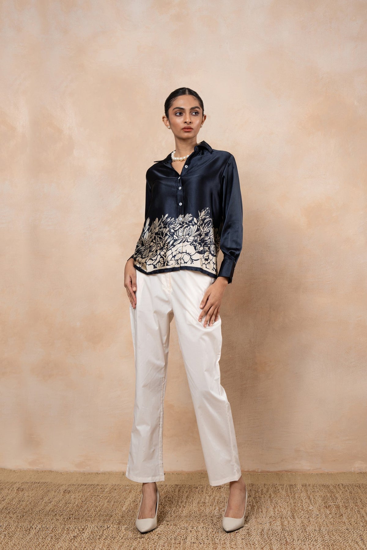 Nora Navy Printed Satin Shirt with White Poplin Formal Pants