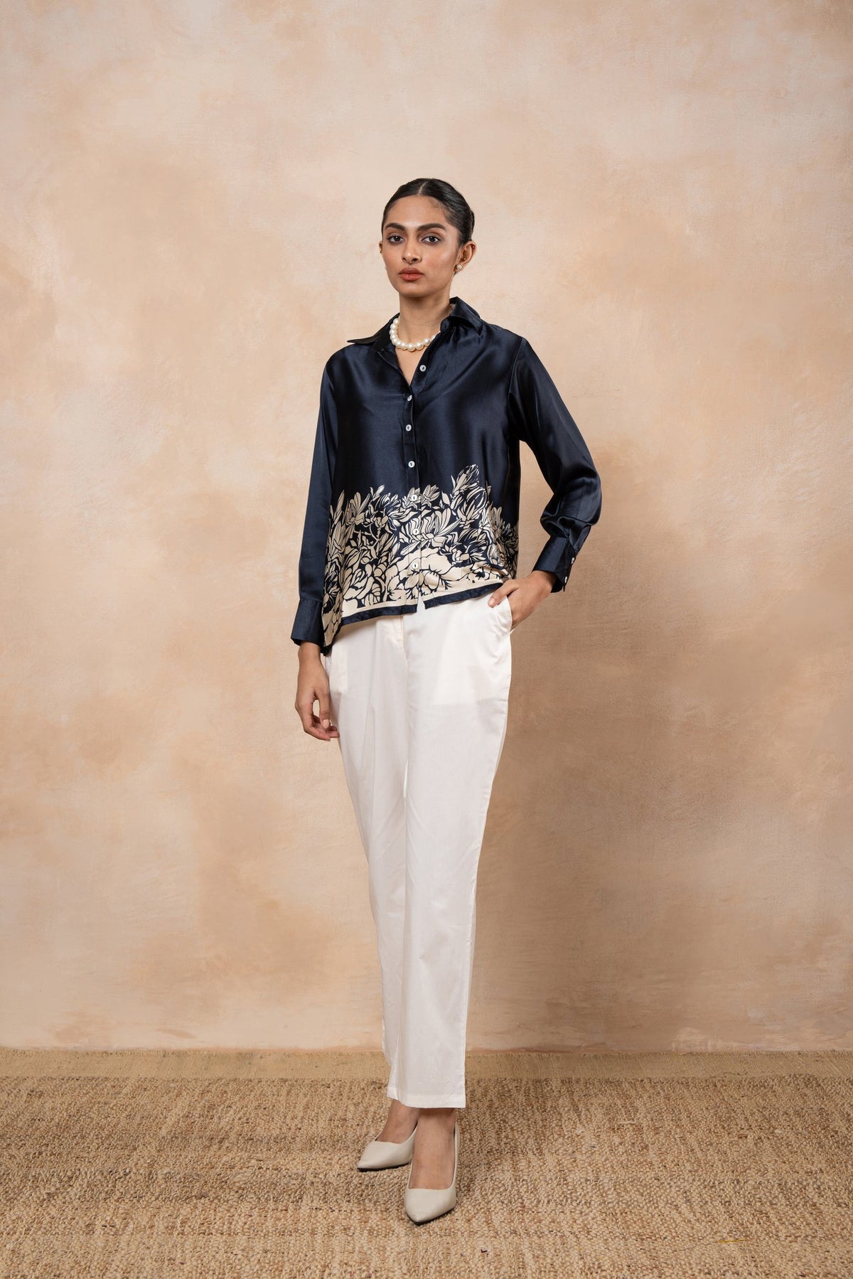 Nora Navy Printed Satin Shirt with White Poplin Formal Pants