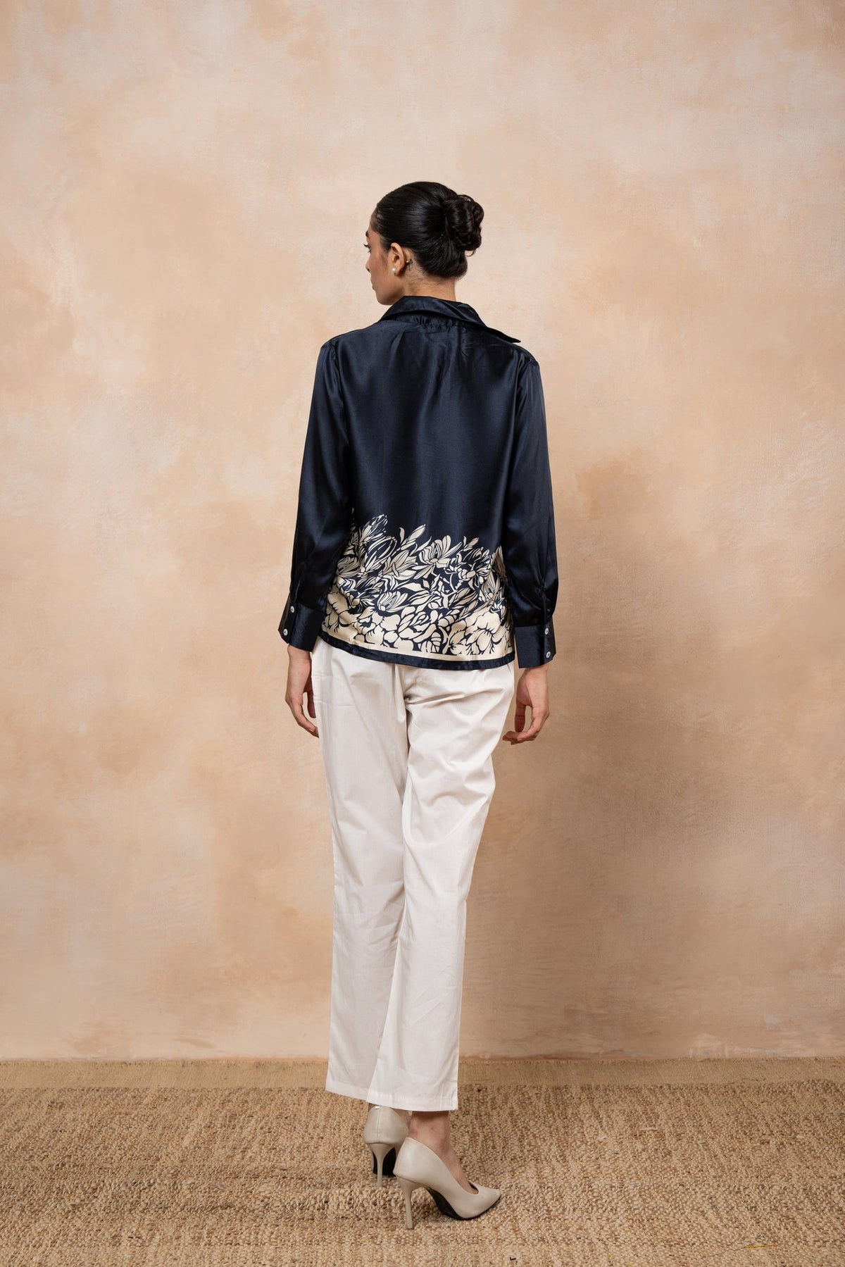 Nora Navy Printed Satin Shirt with White Poplin Formal Pants