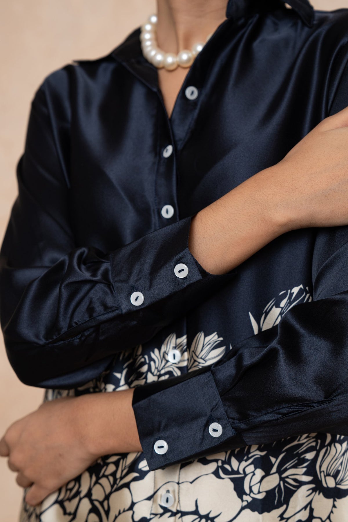 Nora Navy Printed Satin Shirt with White Poplin Formal Pants