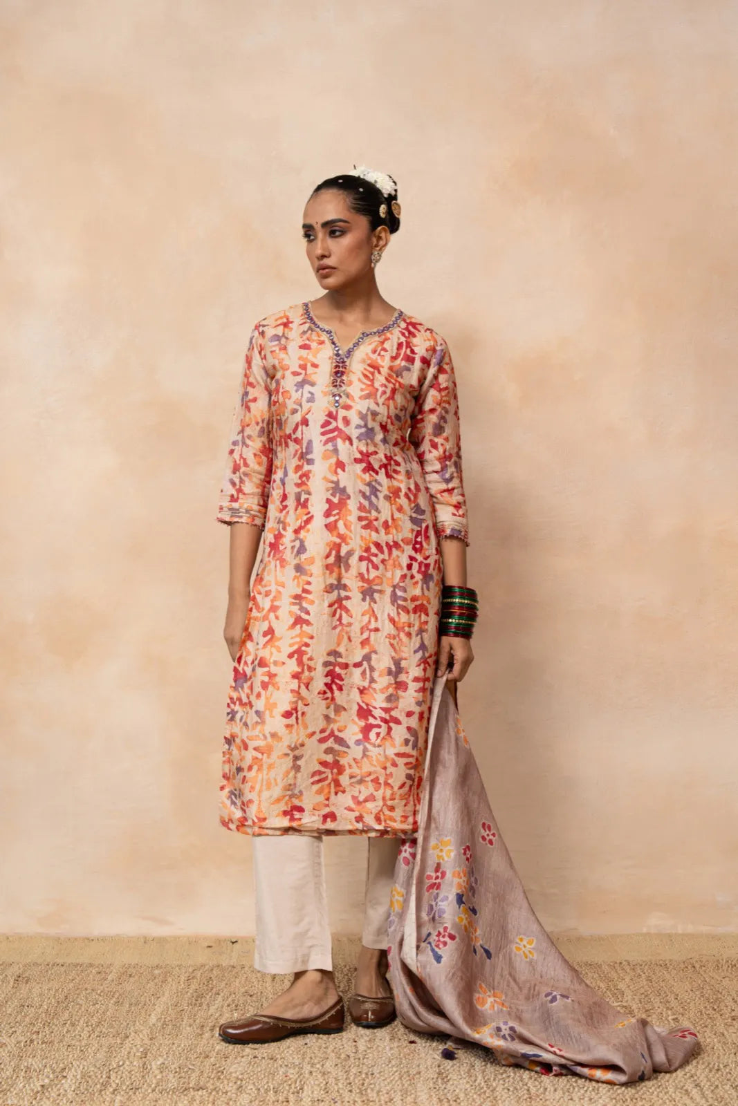 Palash – Peach Hand Batik Handwoven Tussar Silk Kurta Set with Dupatta