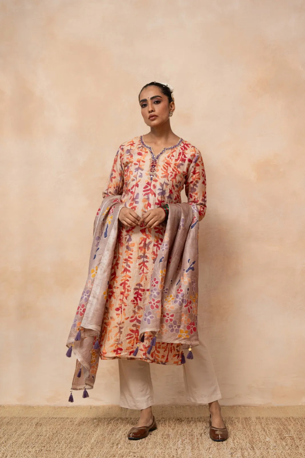 Palash – Peach Hand Batik Handwoven Tussar Silk Kurta Set with Dupatta