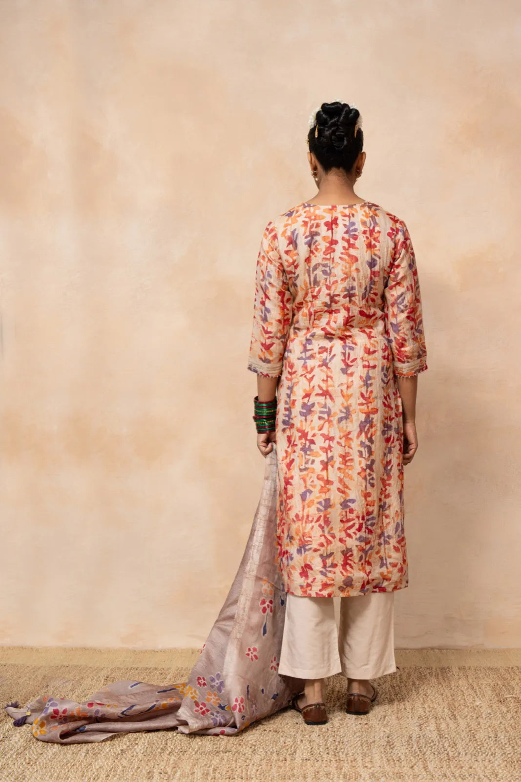 Palash – Peach Hand Batik Handwoven Tussar Silk Kurta Set with Dupatta
