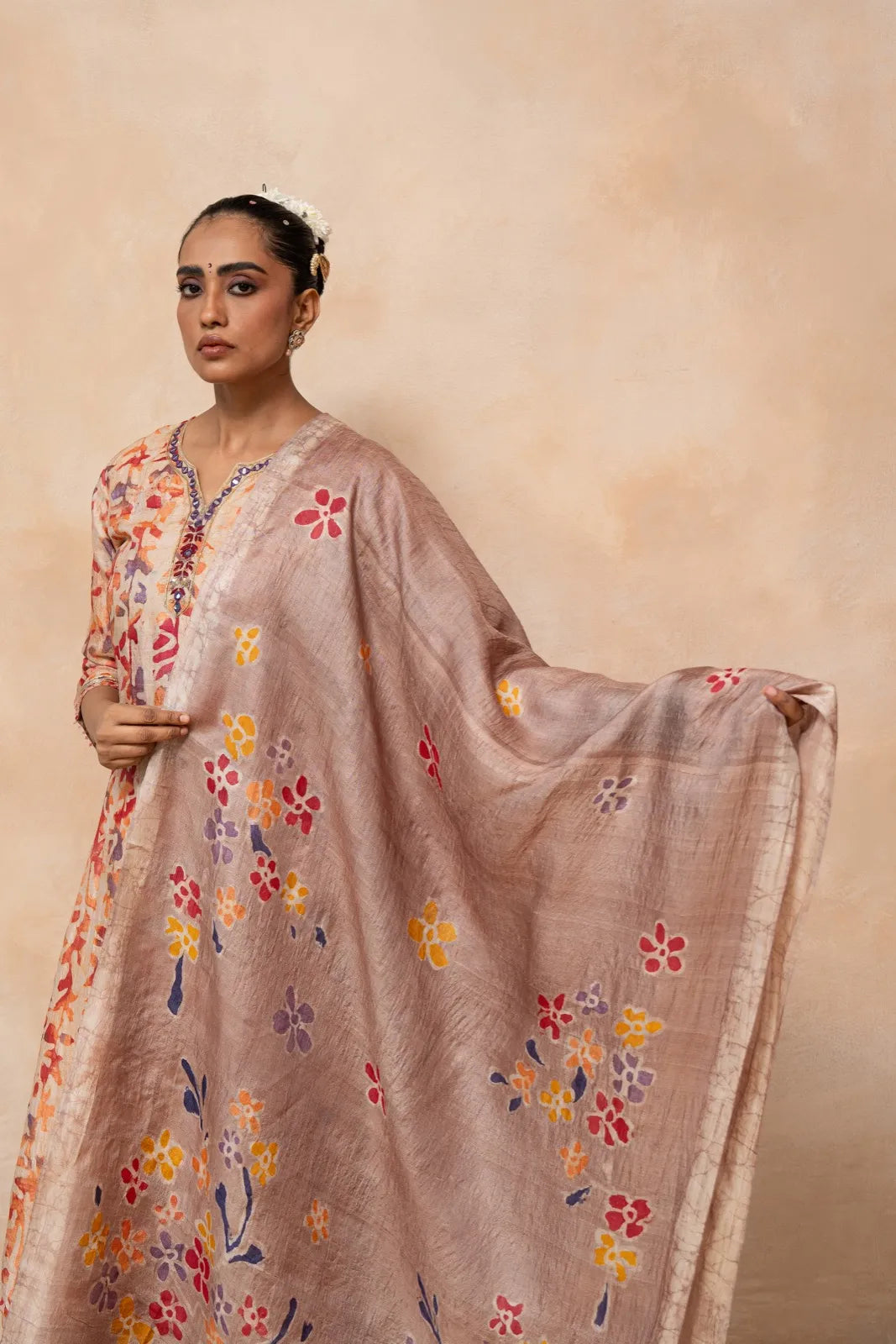 Palash – Peach Hand Batik Handwoven Tussar Silk Kurta Set with Dupatta