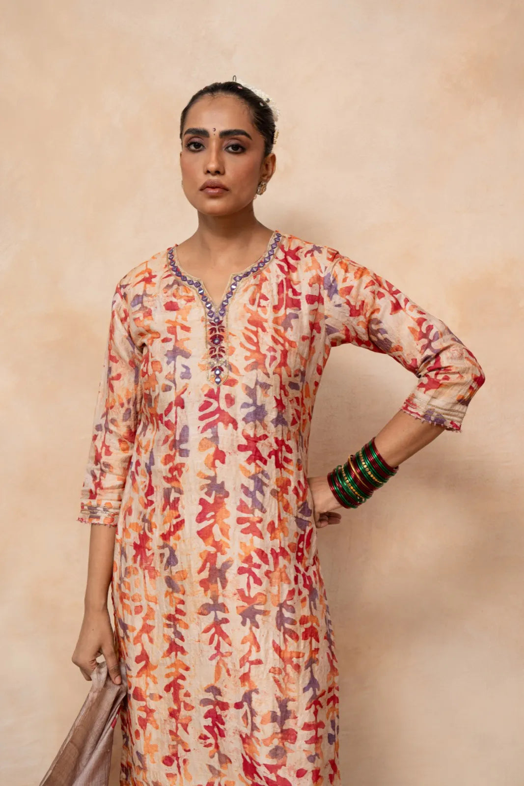 Palash – Peach Hand Batik Handwoven Tussar Silk Kurta Set with Dupatta