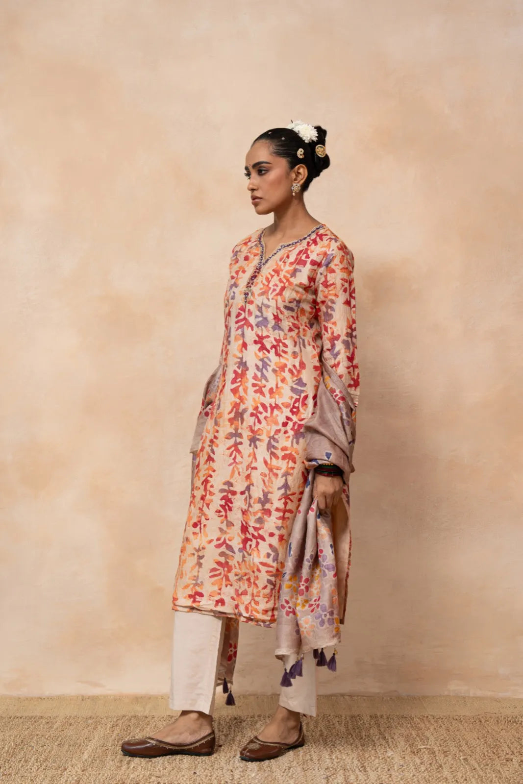 Palash – Peach Hand Batik Handwoven Tussar Silk Kurta Set with Dupatta