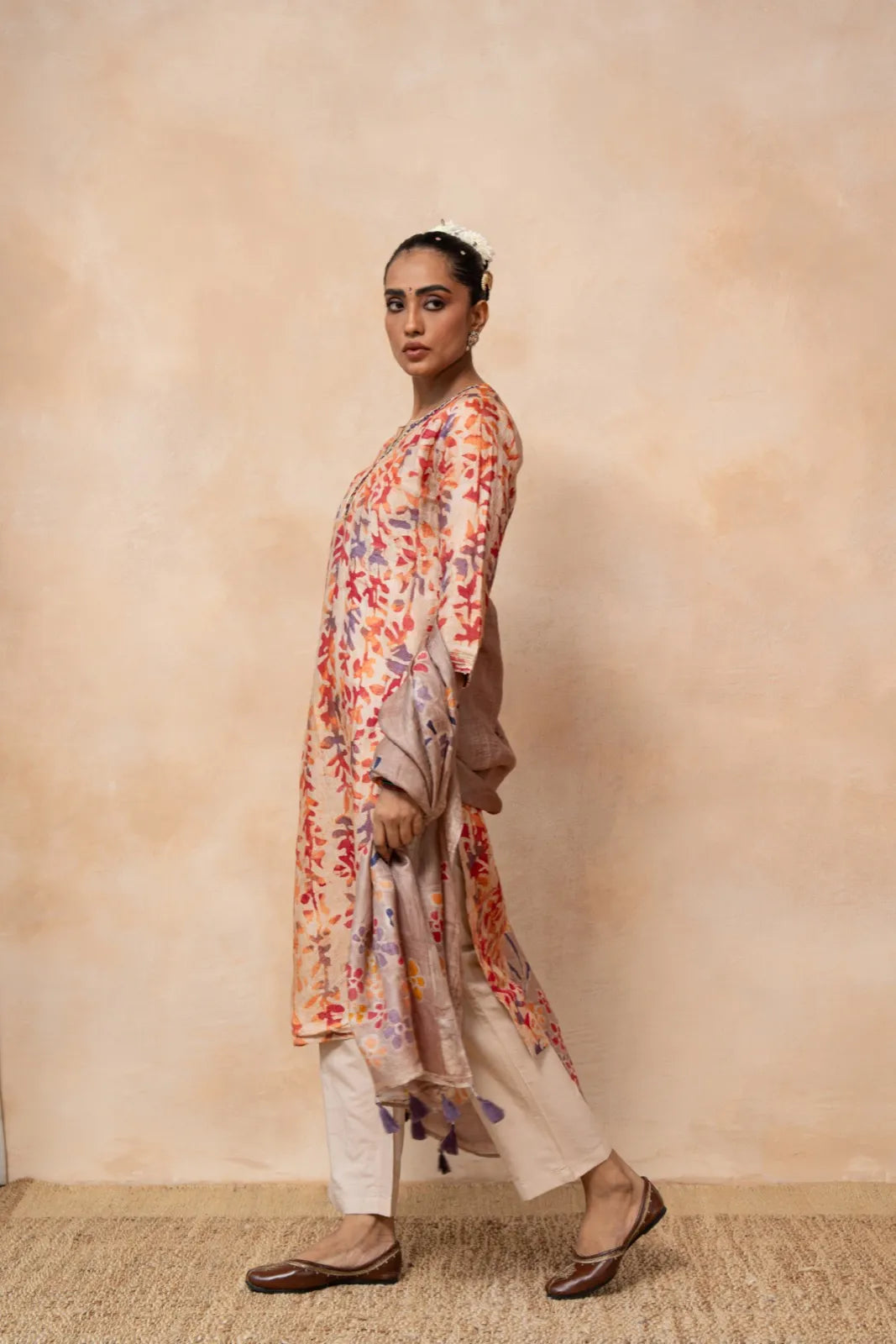Palash – Peach Hand Batik Handwoven Tussar Silk Kurta Set with Dupatta