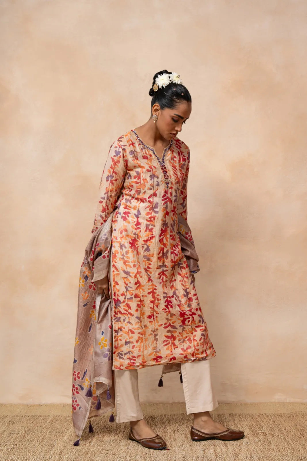 Palash – Peach Hand Batik Handwoven Tussar Silk Kurta Set with Dupatta