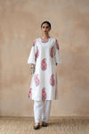 Ruhani Ivory Floral Hand Block Printed Kurta Set with Schiffli Pants