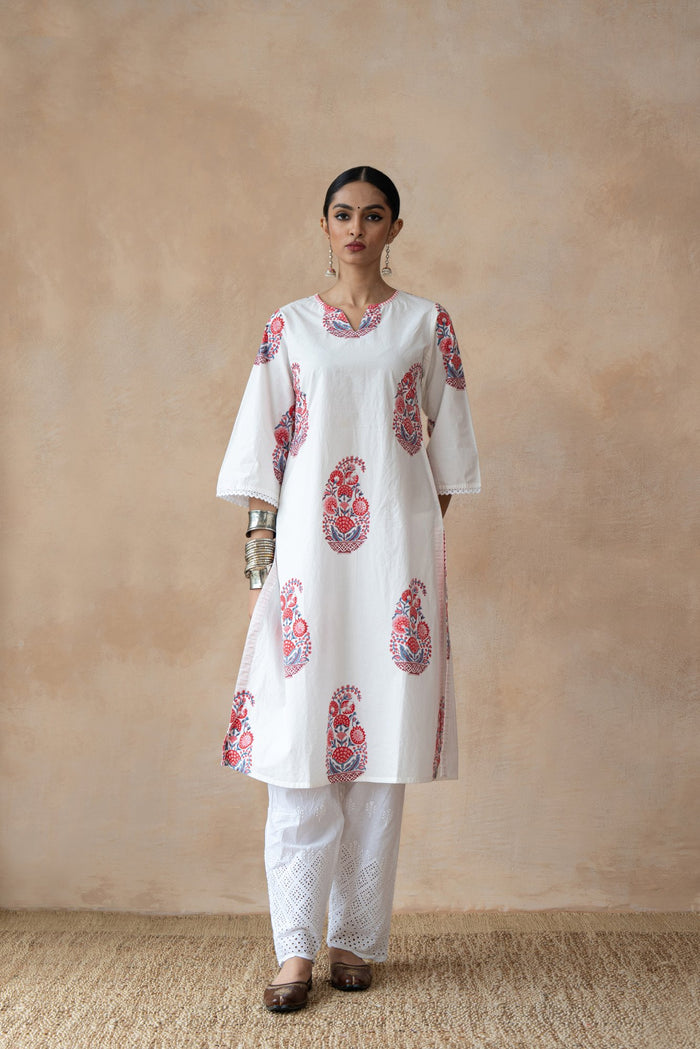 Ruhani Ivory Floral Hand Block Printed Kurta Set with Schiffli Pants