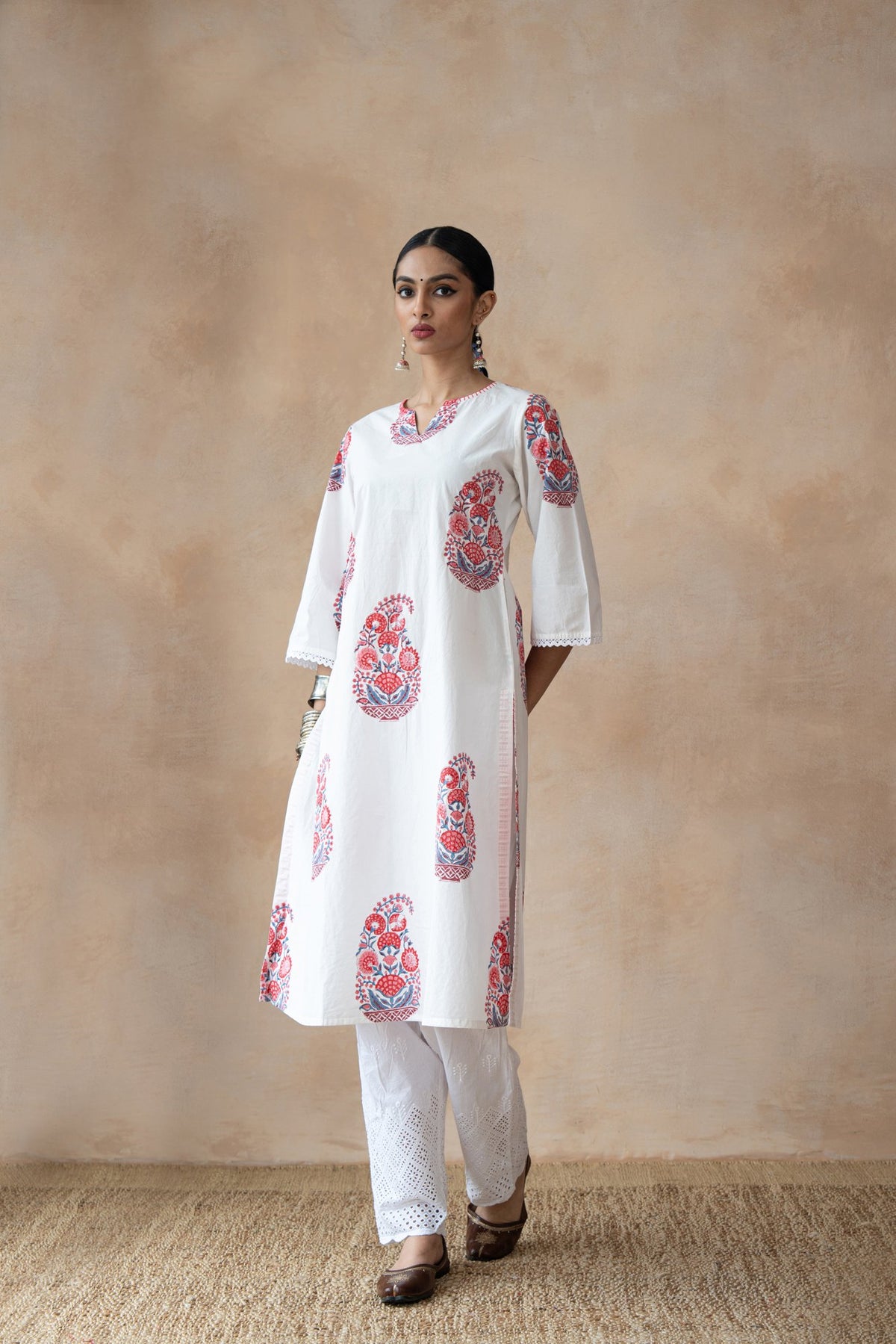 Ruhani Ivory Floral Hand Block Printed Kurta Set with Schiffli Pants
