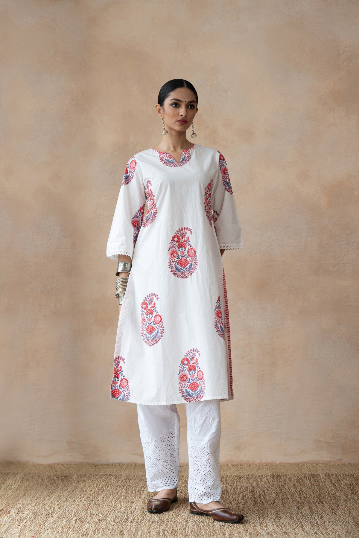 Ruhani Ivory Floral Hand Block Printed Kurta Set with Schiffli Pants