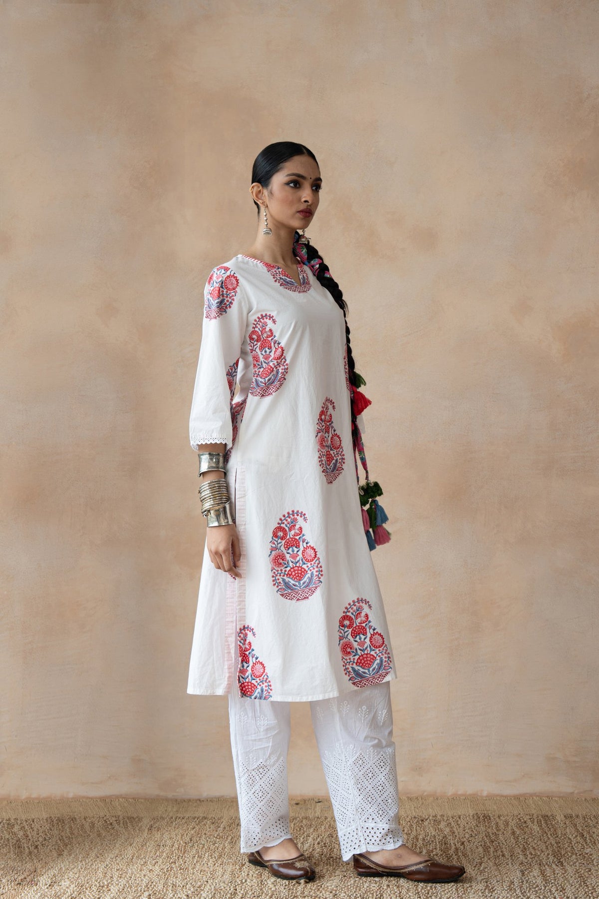 Ruhani Ivory Floral Hand Block Printed Kurta Set with Schiffli Pants