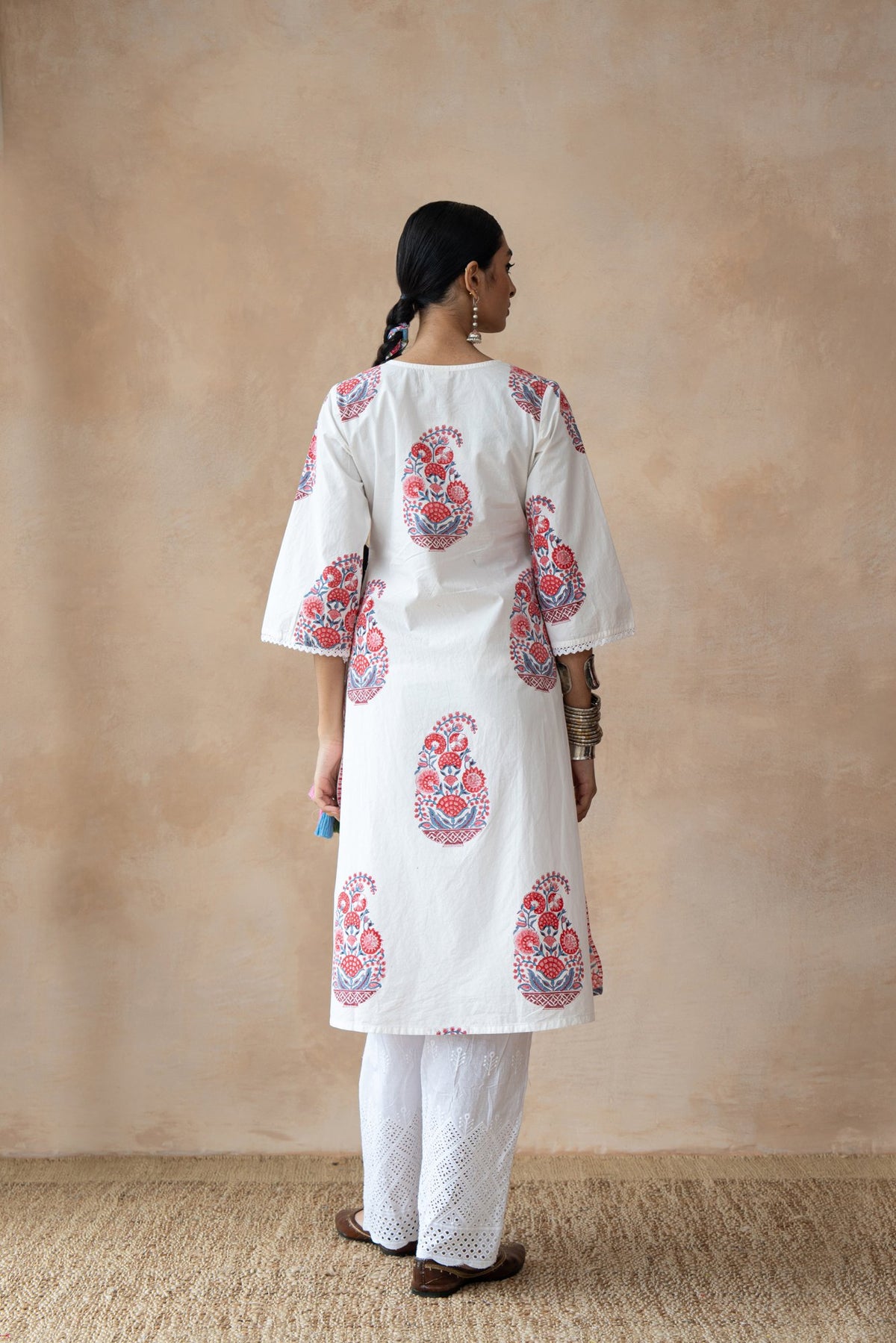 Ruhani Ivory Floral Hand Block Printed Kurta Set with Schiffli Pants