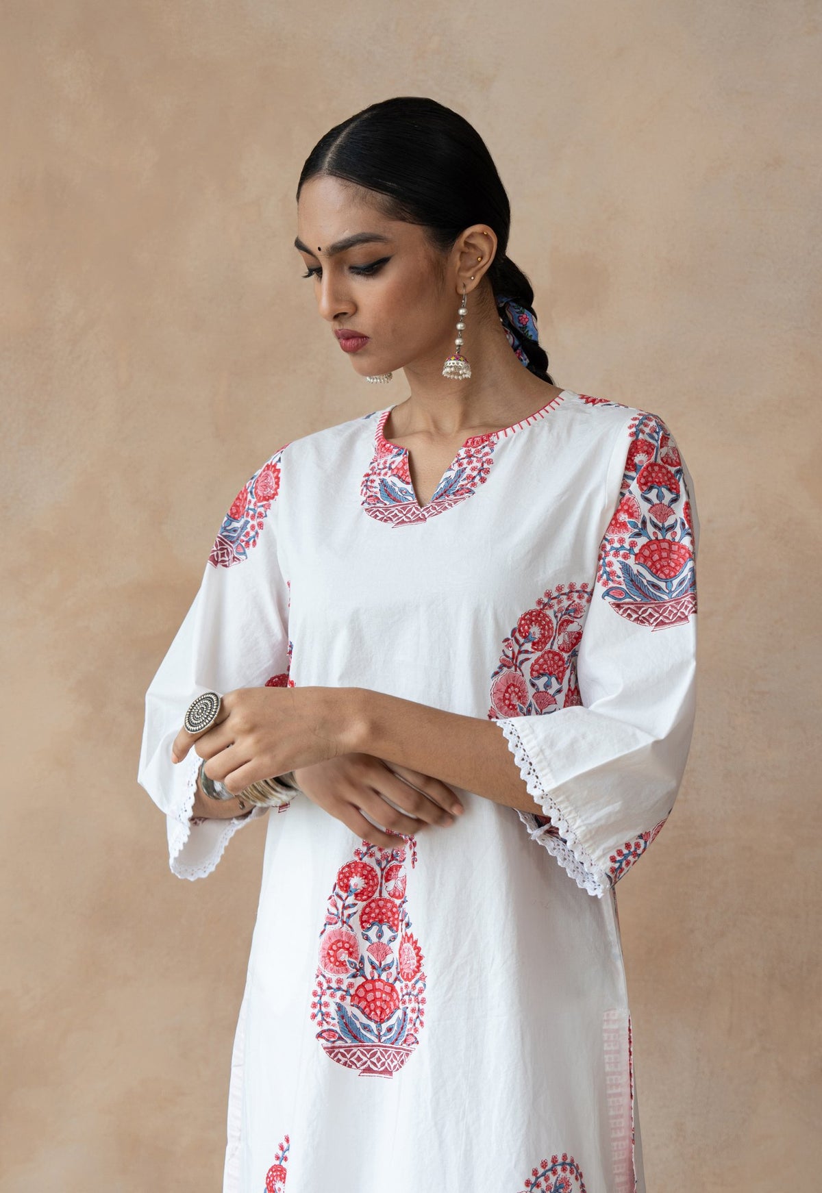 Ruhani Ivory Floral Hand Block Printed Kurta Set with Schiffli Pants