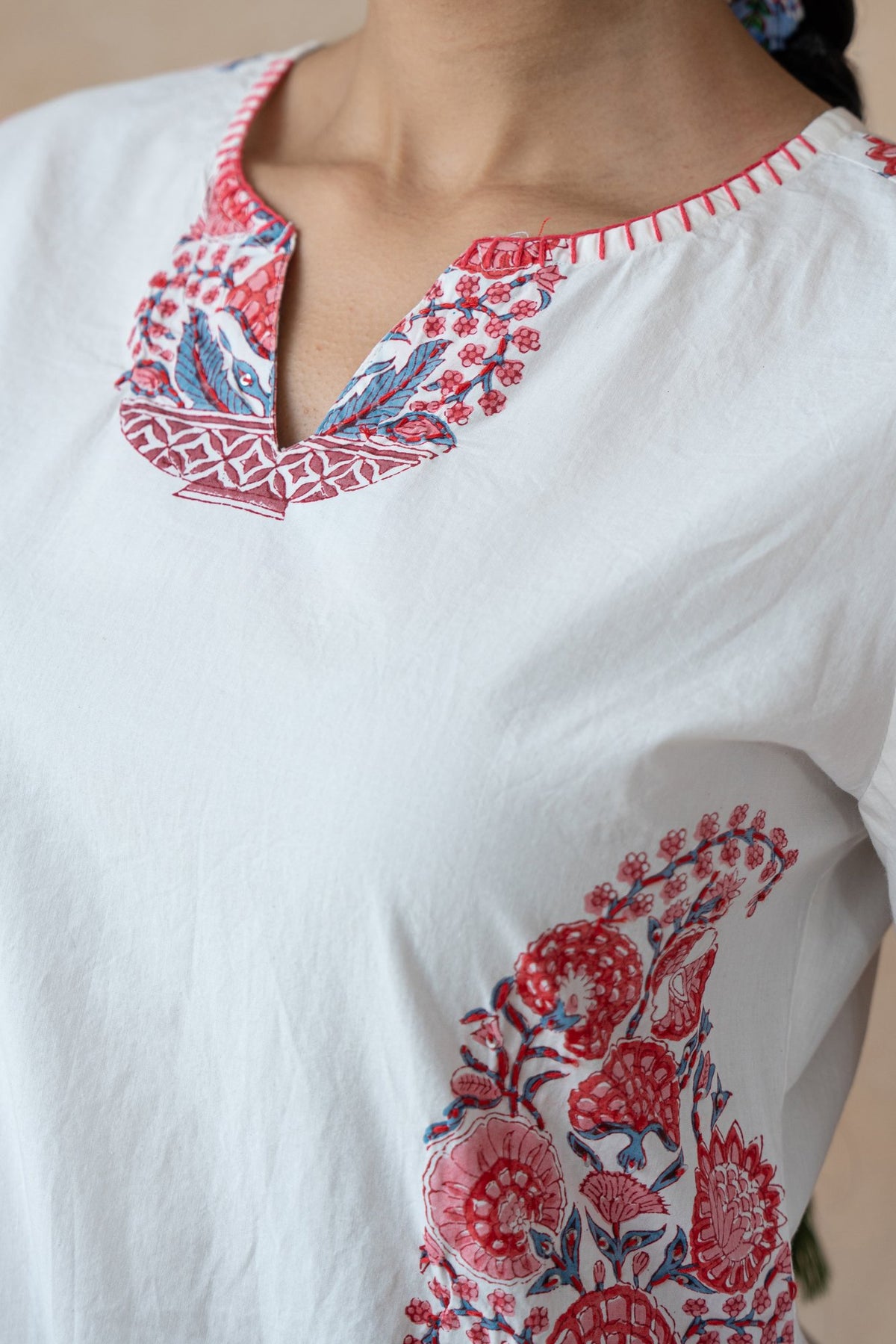 Ruhani Ivory Floral Hand Block Printed Kurta Set with Schiffli Pants
