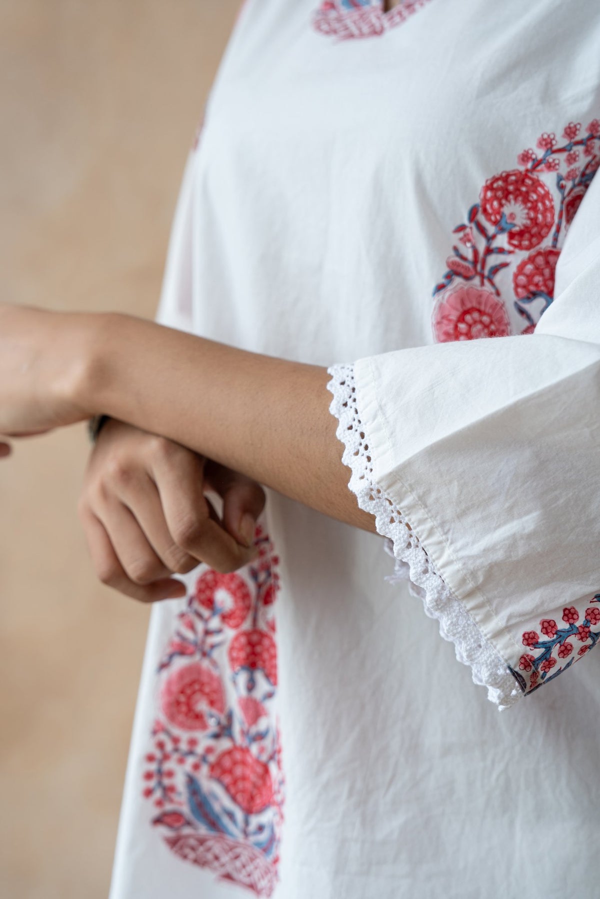 Ruhani Ivory Floral Hand Block Printed Kurta Set with Schiffli Pants
