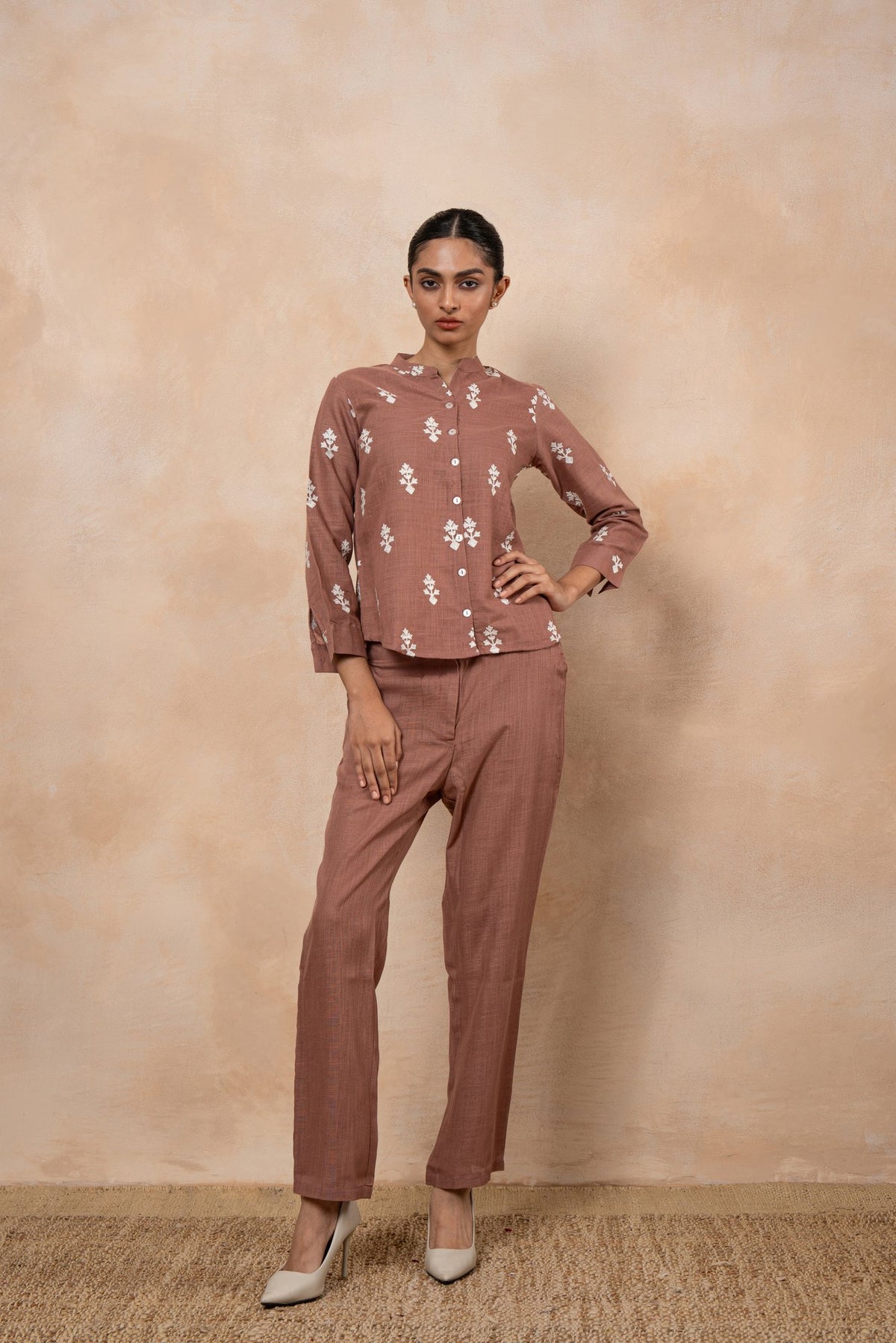 Sienna Rose Brown Embroidered cotton viscose Formal Co-Ord Set for Women