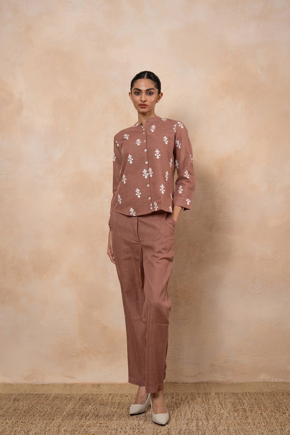 Sienna Rose Brown Embroidered cotton viscose Formal Co-Ord Set for Women