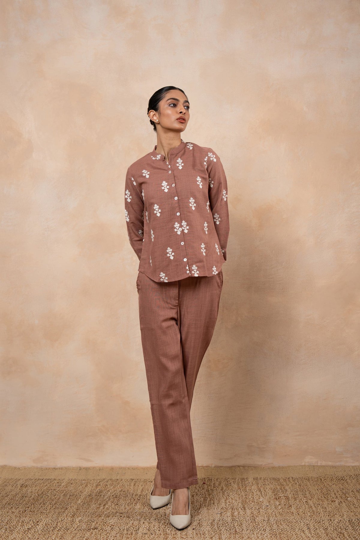Sienna Rose Brown Embroidered cotton viscose Formal Co-Ord Set for Women