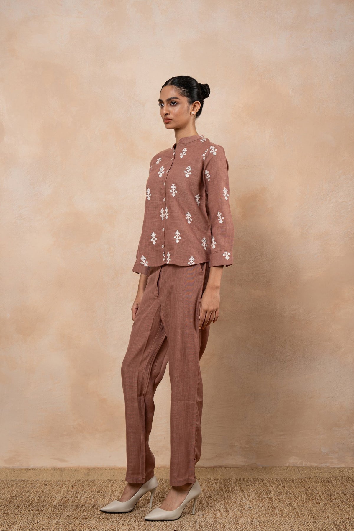 Sienna Rose Brown Embroidered cotton viscose Formal Co-Ord Set for Women