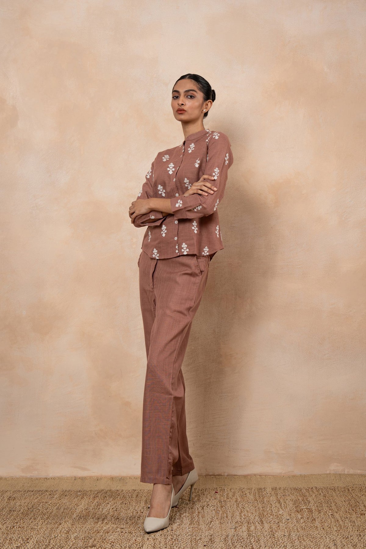 Sienna Rose Brown Embroidered cotton viscose Formal Co-Ord Set for Women