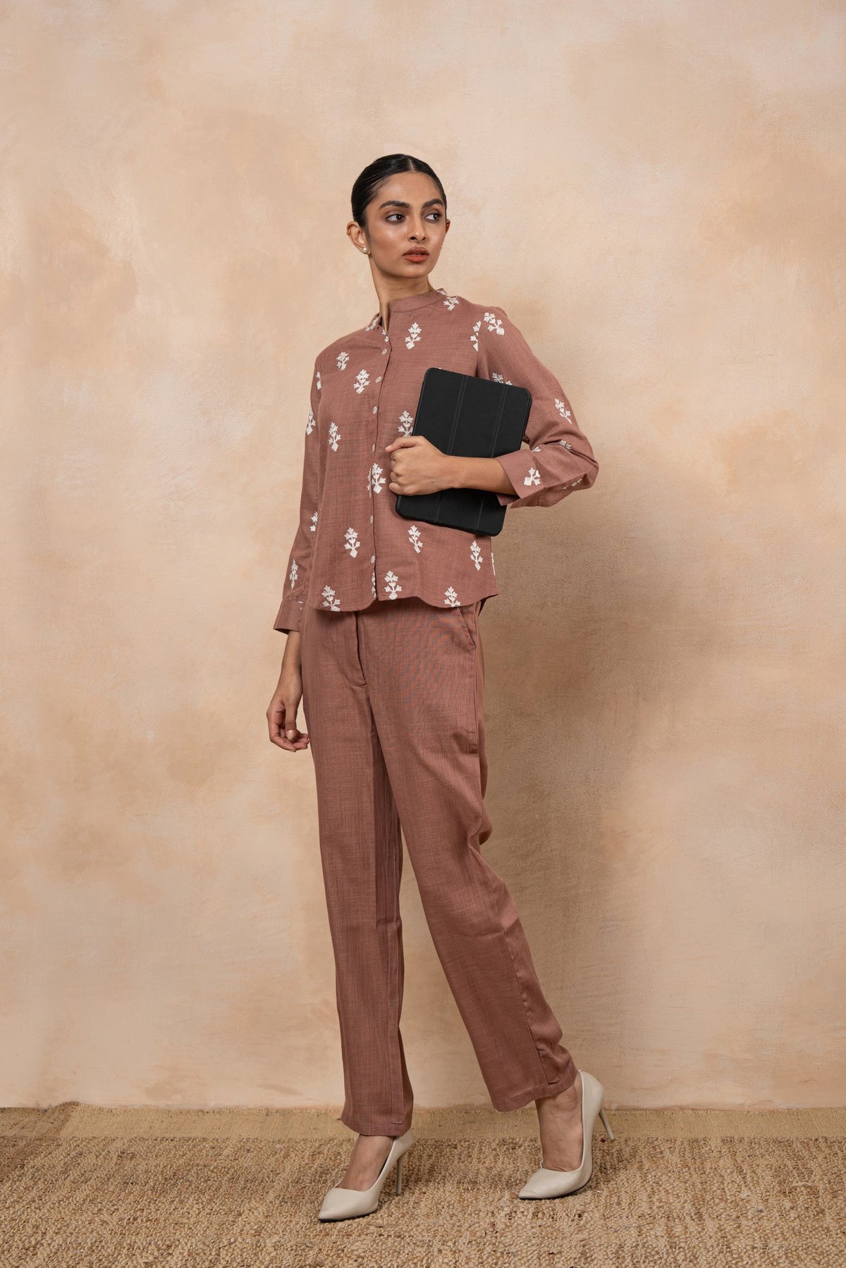 Sienna Rose Brown Embroidered cotton viscose Formal Co-Ord Set for Women