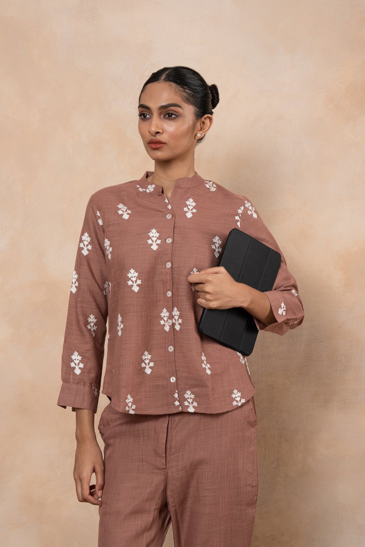 Sienna Rose Brown Embroidered cotton viscose Formal Co-Ord Set for Women
