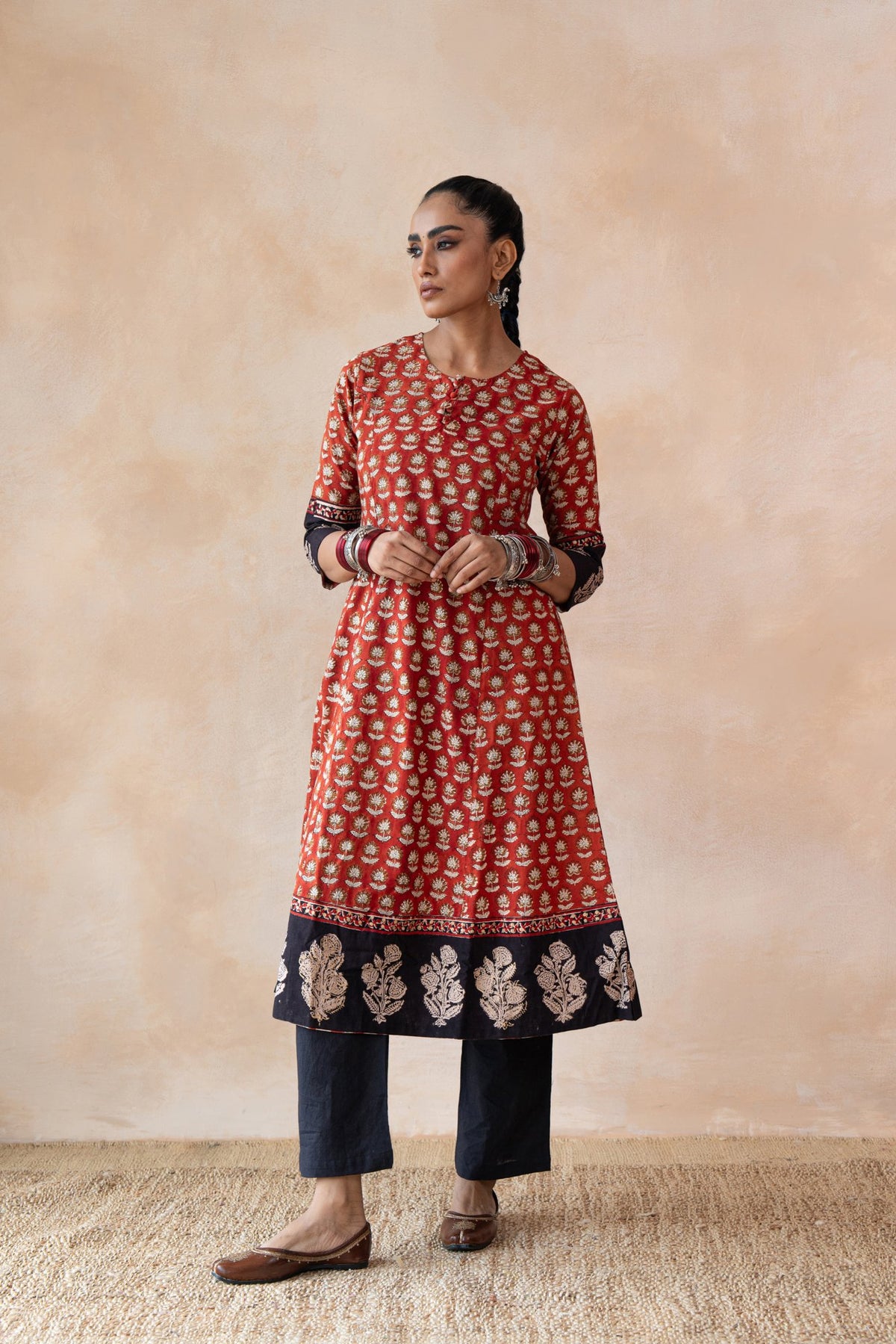 Surkh Red & Navy Floral Bagru Hand Block Printed Kurta Set