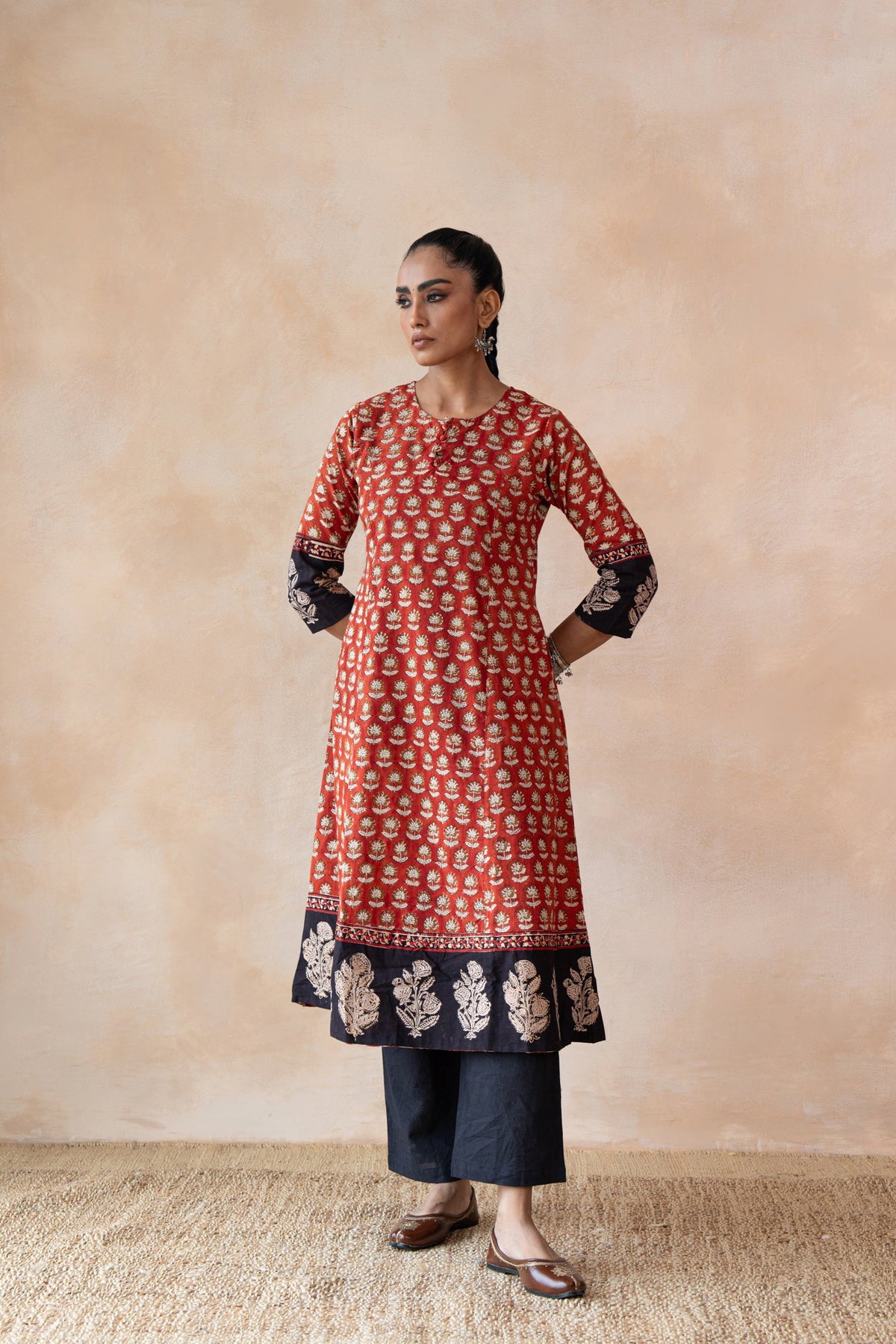 Surkh Red & Navy Floral Bagru Hand Block Printed Kurta Set