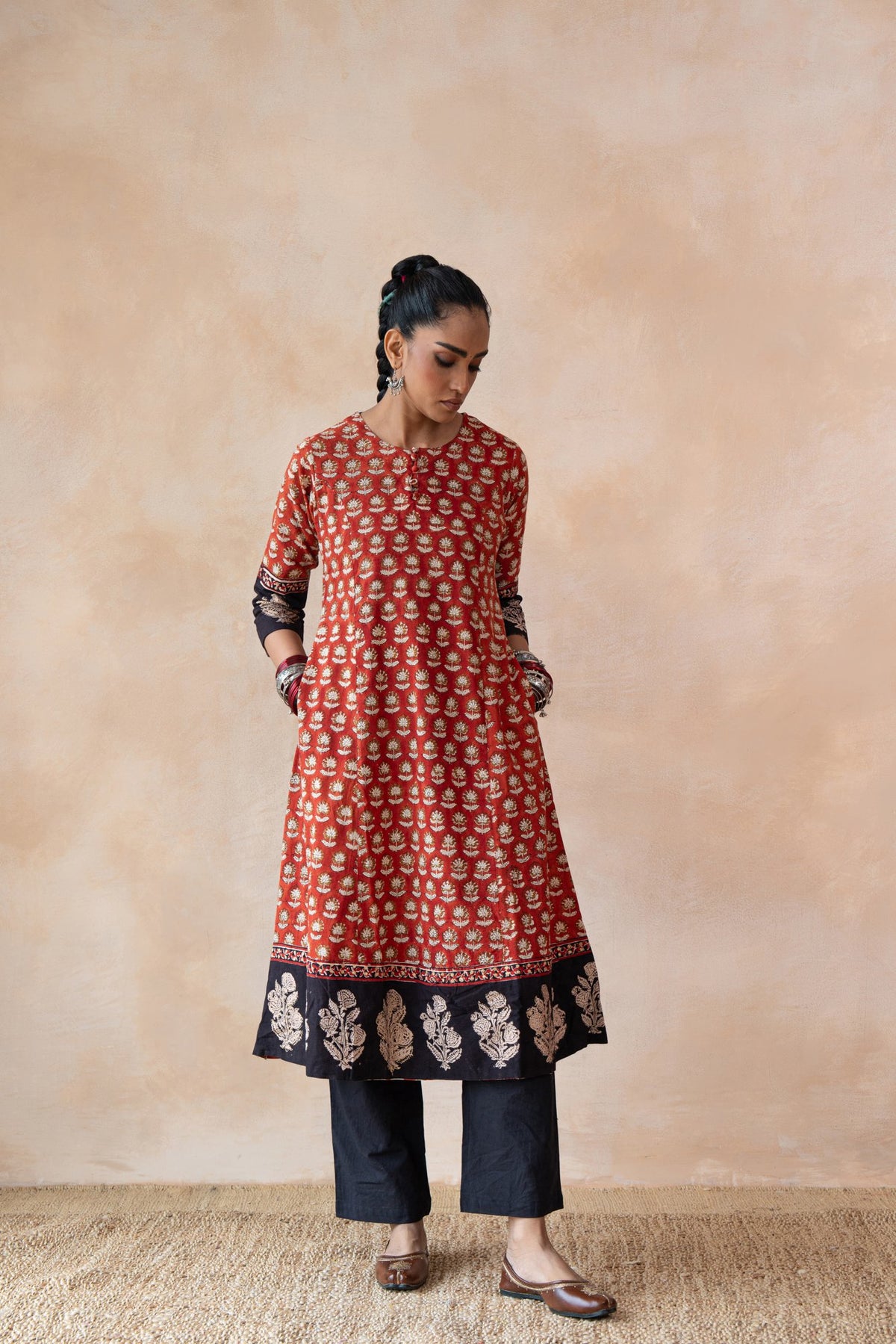 Surkh Red & Navy Floral Bagru Hand Block Printed Kurta Set