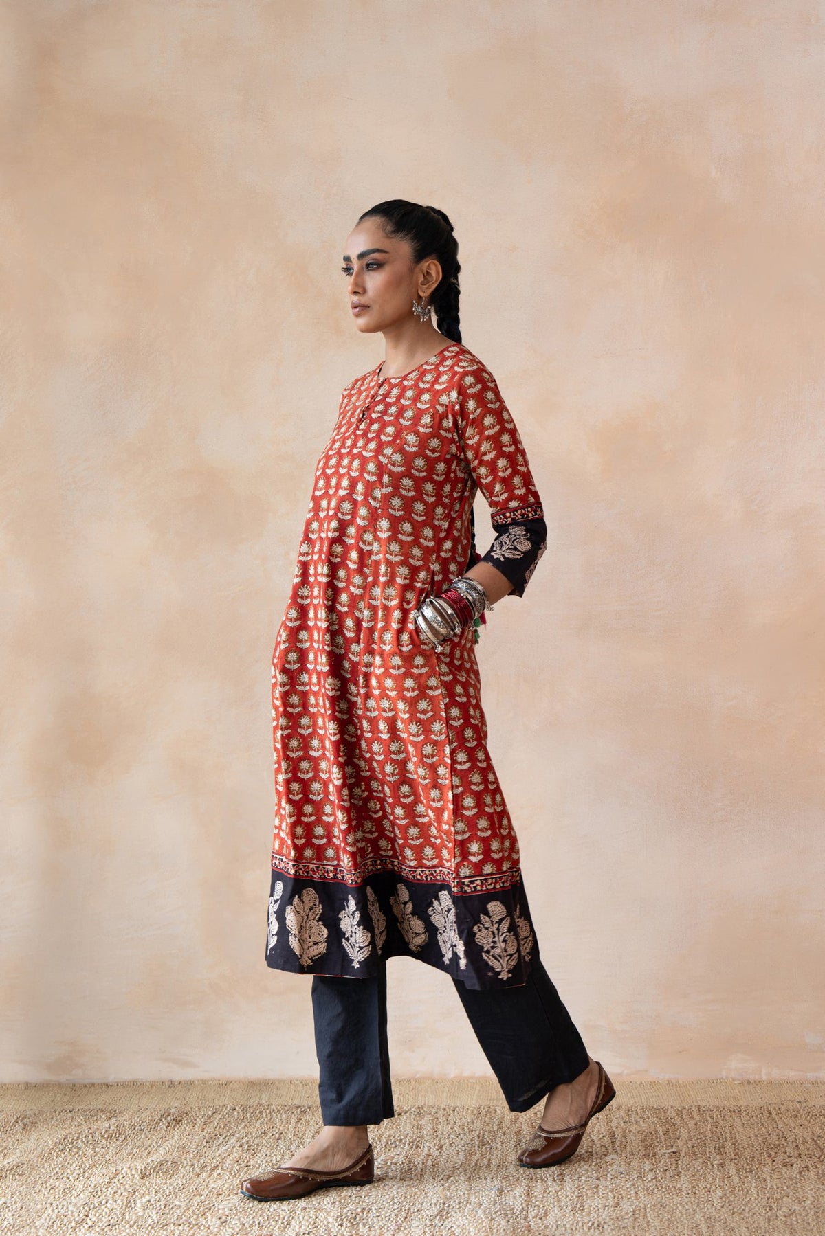 Surkh Red & Navy Floral Bagru Hand Block Printed Kurta Set