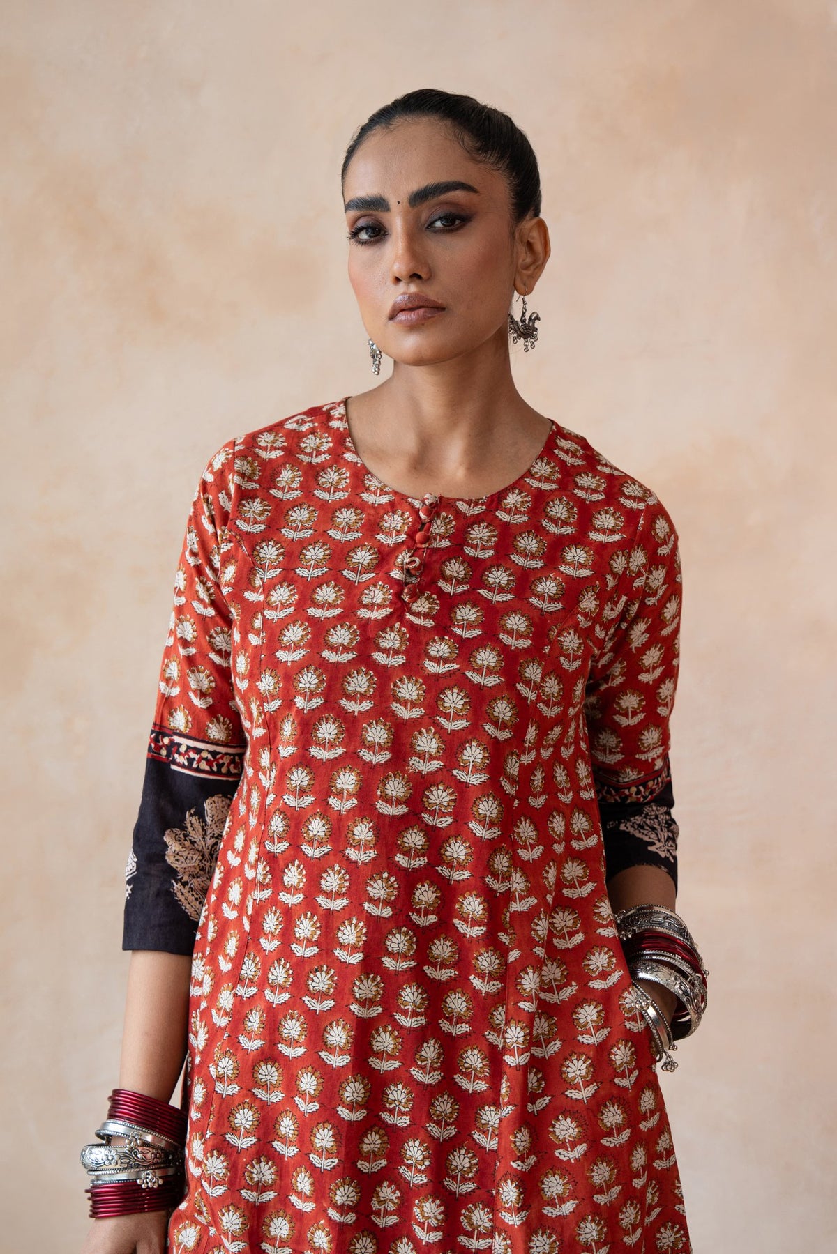 Surkh Red & Navy Floral Bagru Hand Block Printed Kurta Set