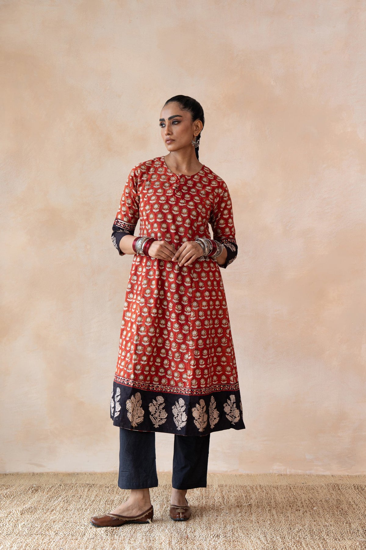 Surkh Red & Navy Floral Bagru Hand Block Printed Kurta Set