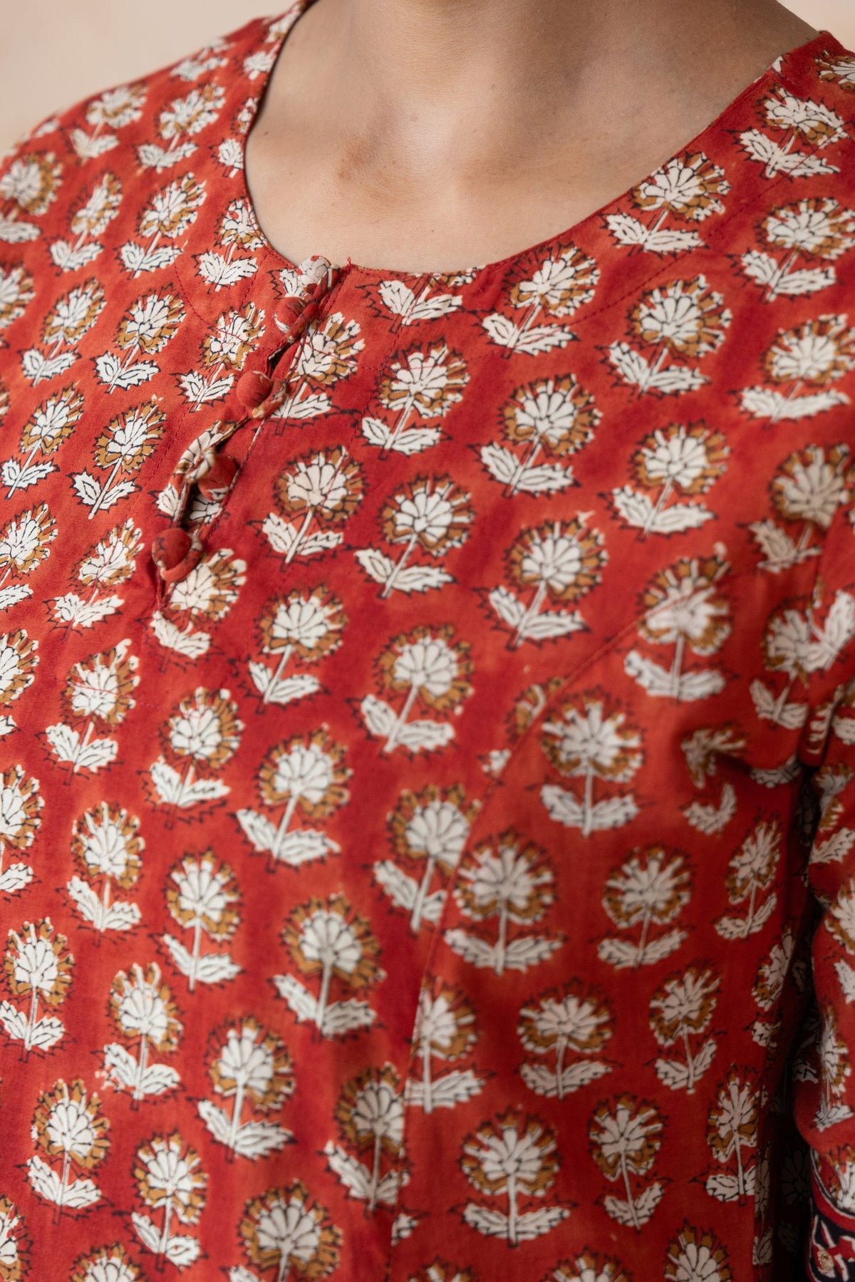 Surkh Red & Navy Floral Bagru Hand Block Printed Kurta Set