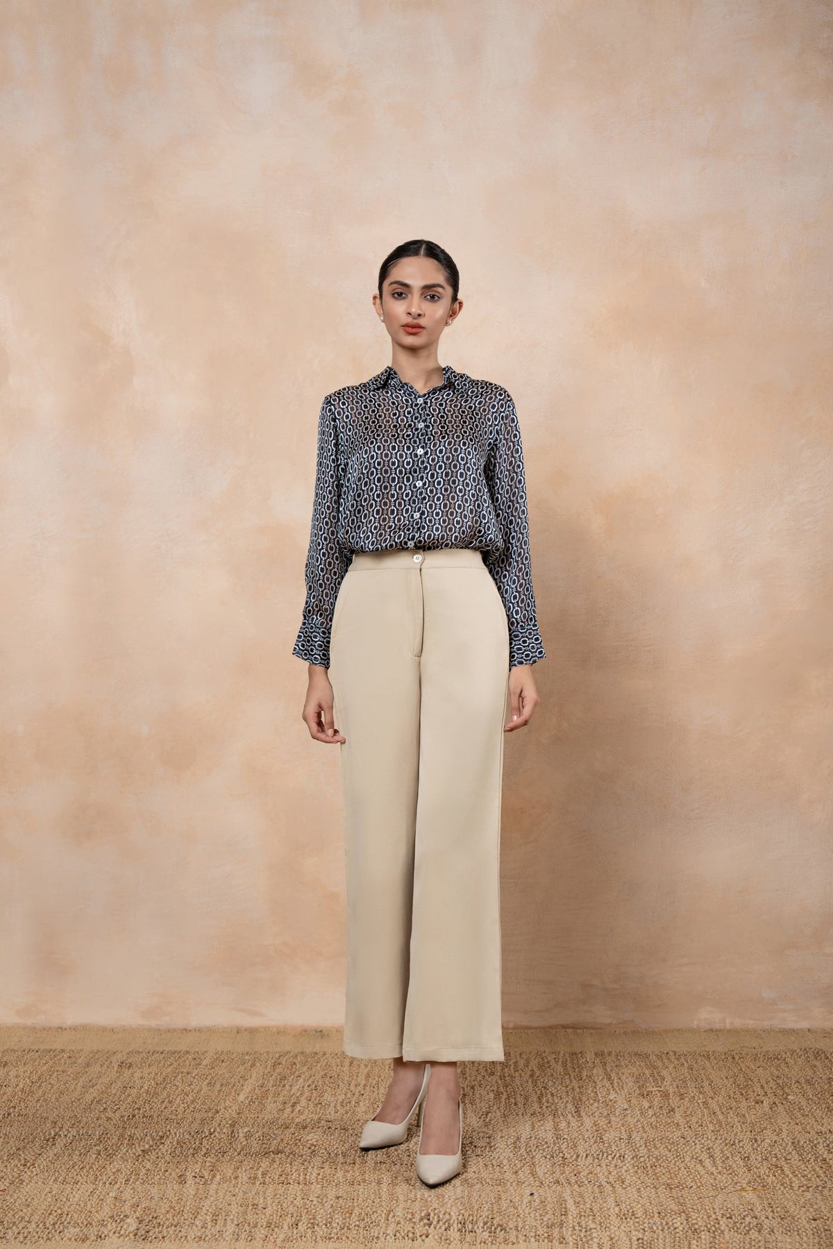Vera Black & White Printed Satin Georgette Shirt with Ivory Poplin Pants