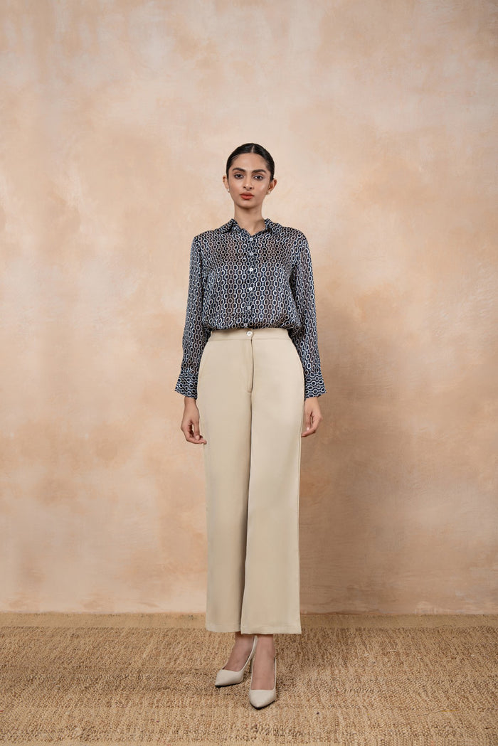 Vera Black & White Printed Satin Georgette Shirt with Ivory Poplin Pants
