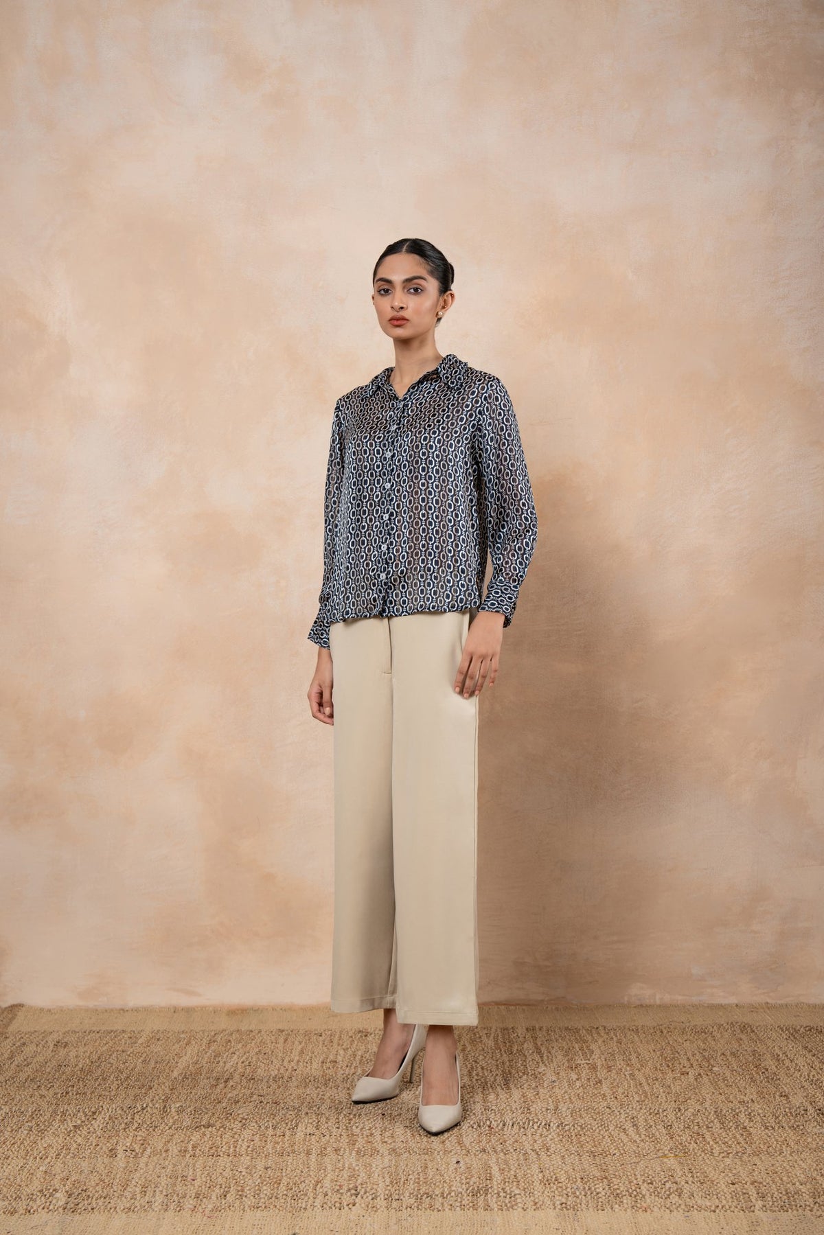 Vera Black & White Printed Satin Georgette Shirt with Ivory Poplin Pants