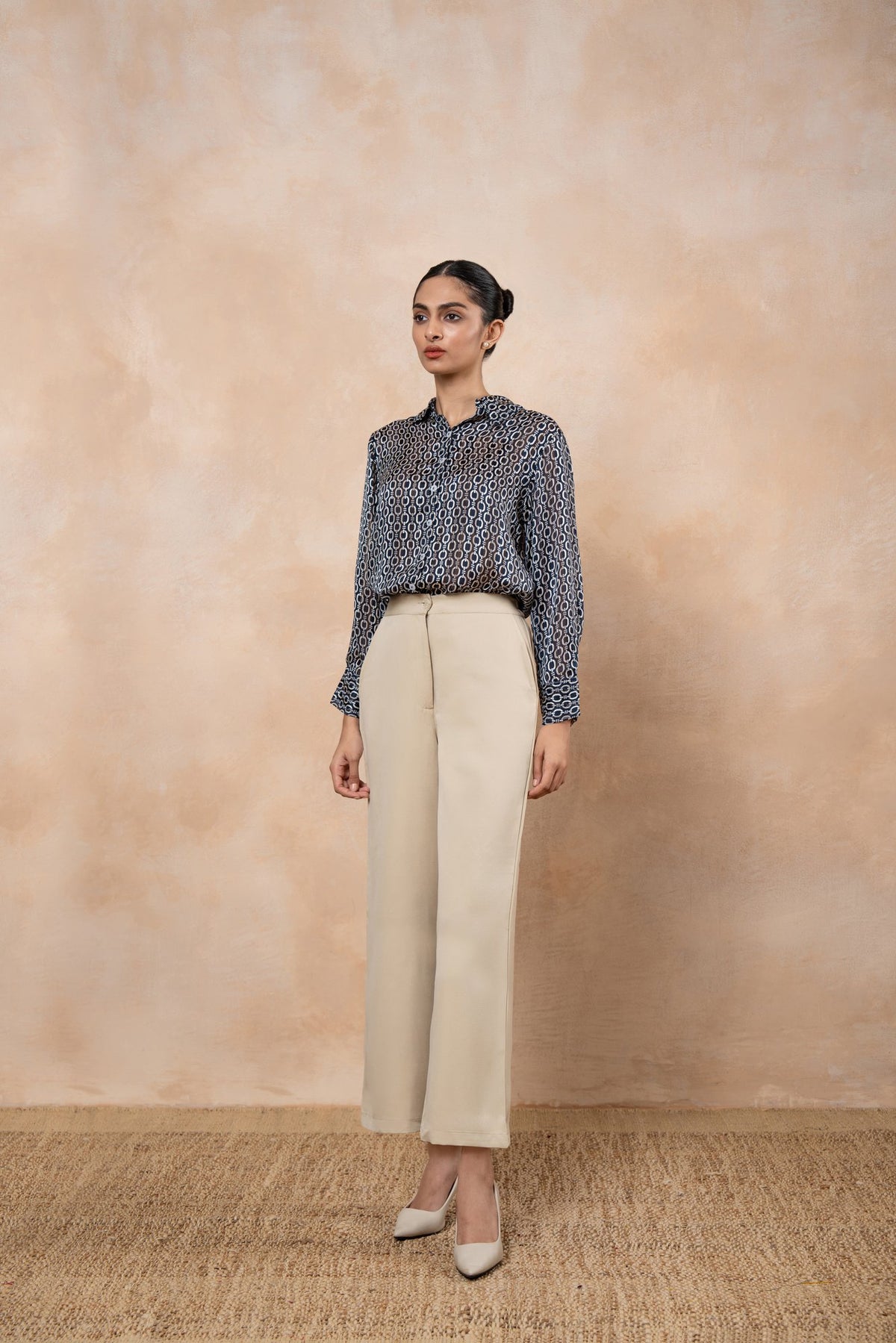Vera Black & White Printed Satin Georgette Shirt with Ivory Poplin Pants