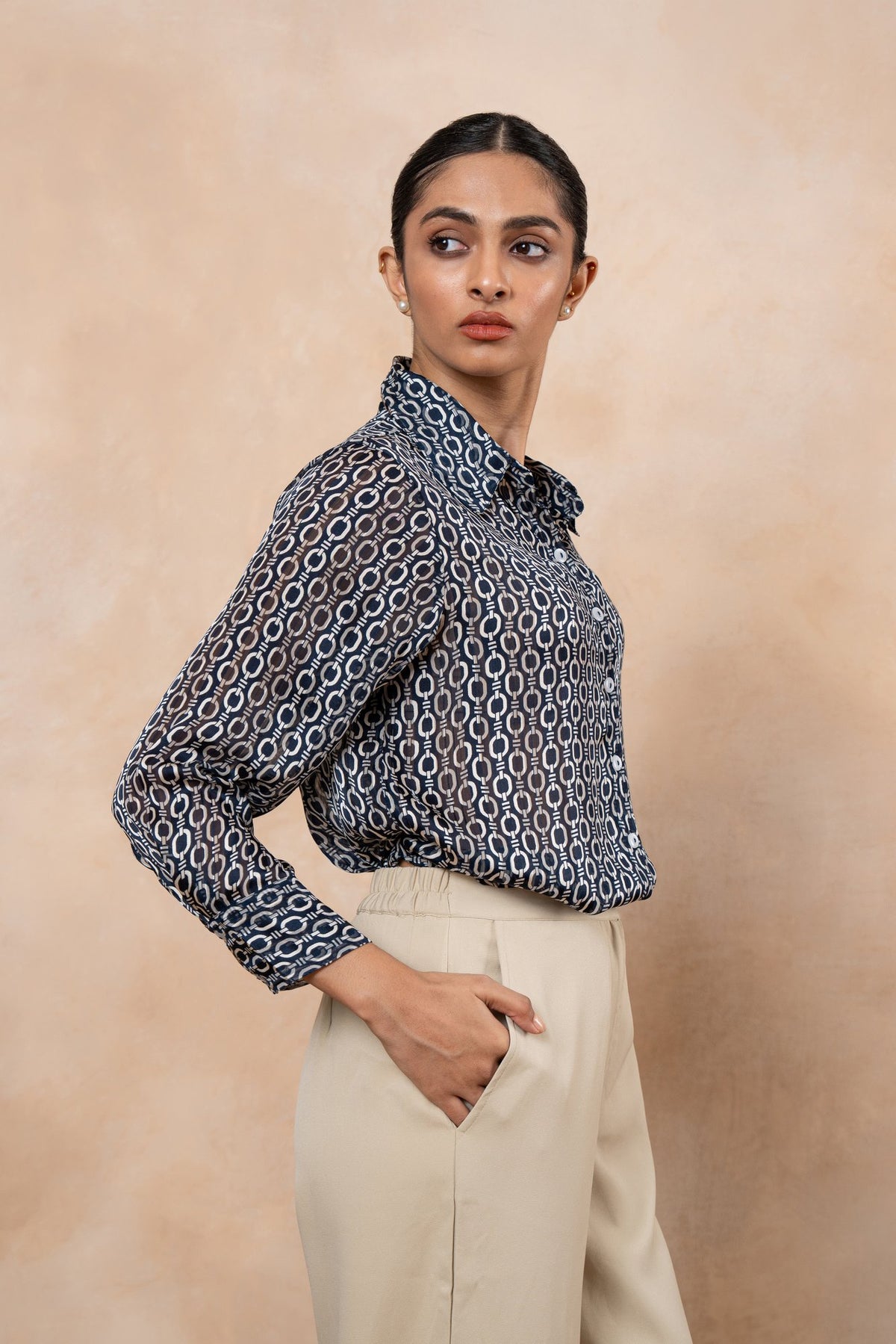 Vera Black & White Printed Satin Georgette Shirt with Ivory Poplin Pants