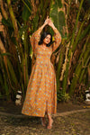 Saffron – Mustard Floral Hand Printed Cotton Kantha Maxi Dress with Side Slit